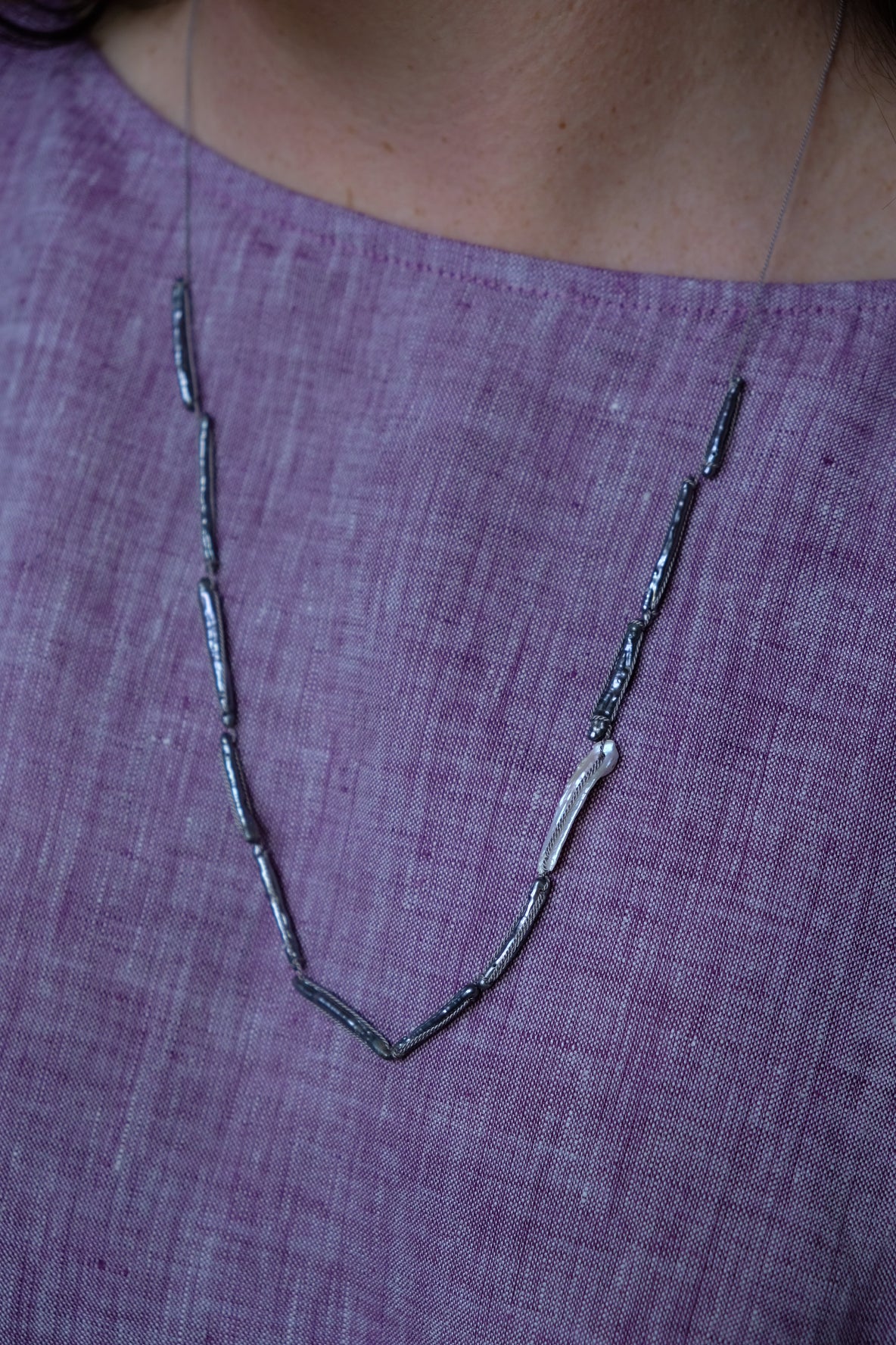 Grey silk necklace thin blue pearls and white pearls