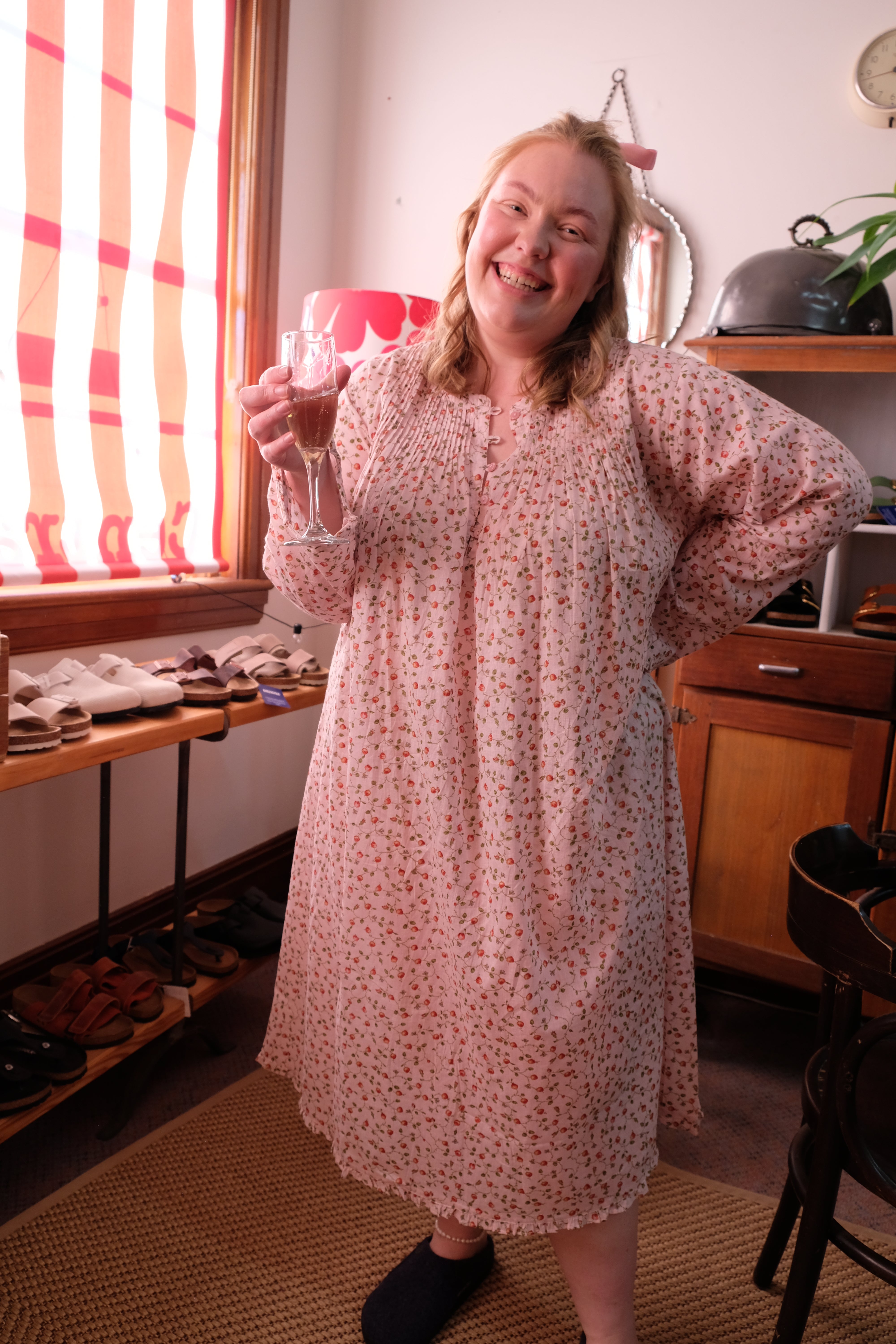 Long Sleeve Nightie - Pale Pink/Red Rose