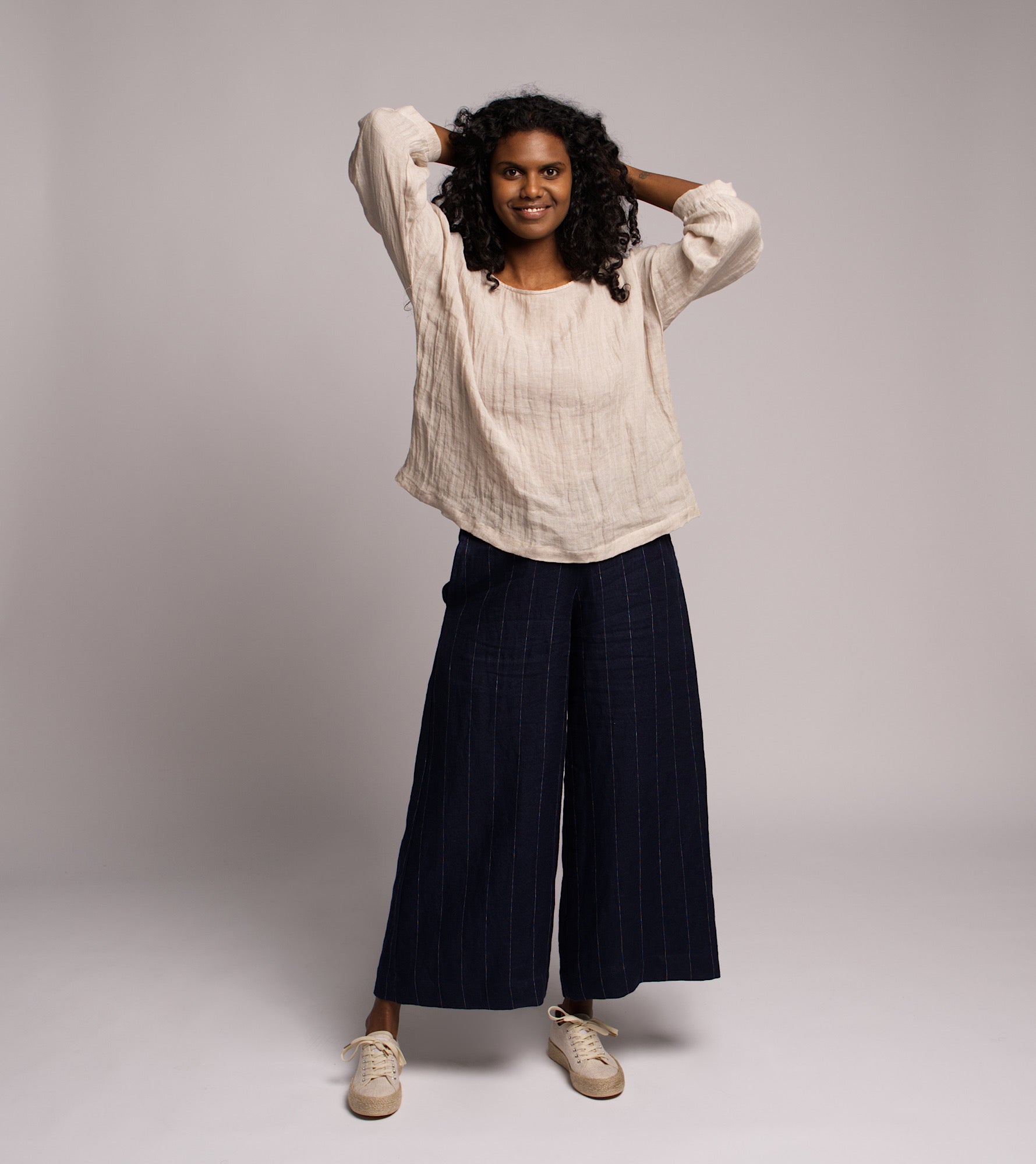 Lara Pant Linen Twill - Navy Stripe