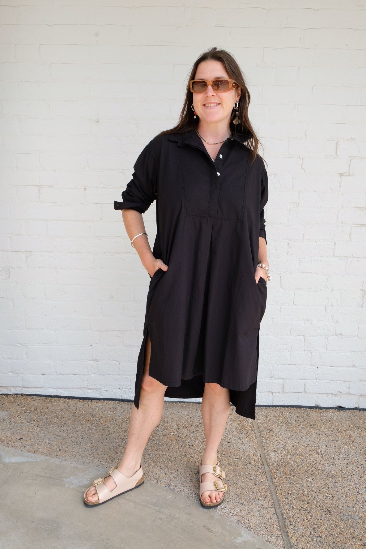 Winifred Shirt Dress- Cotton Poplin - Black