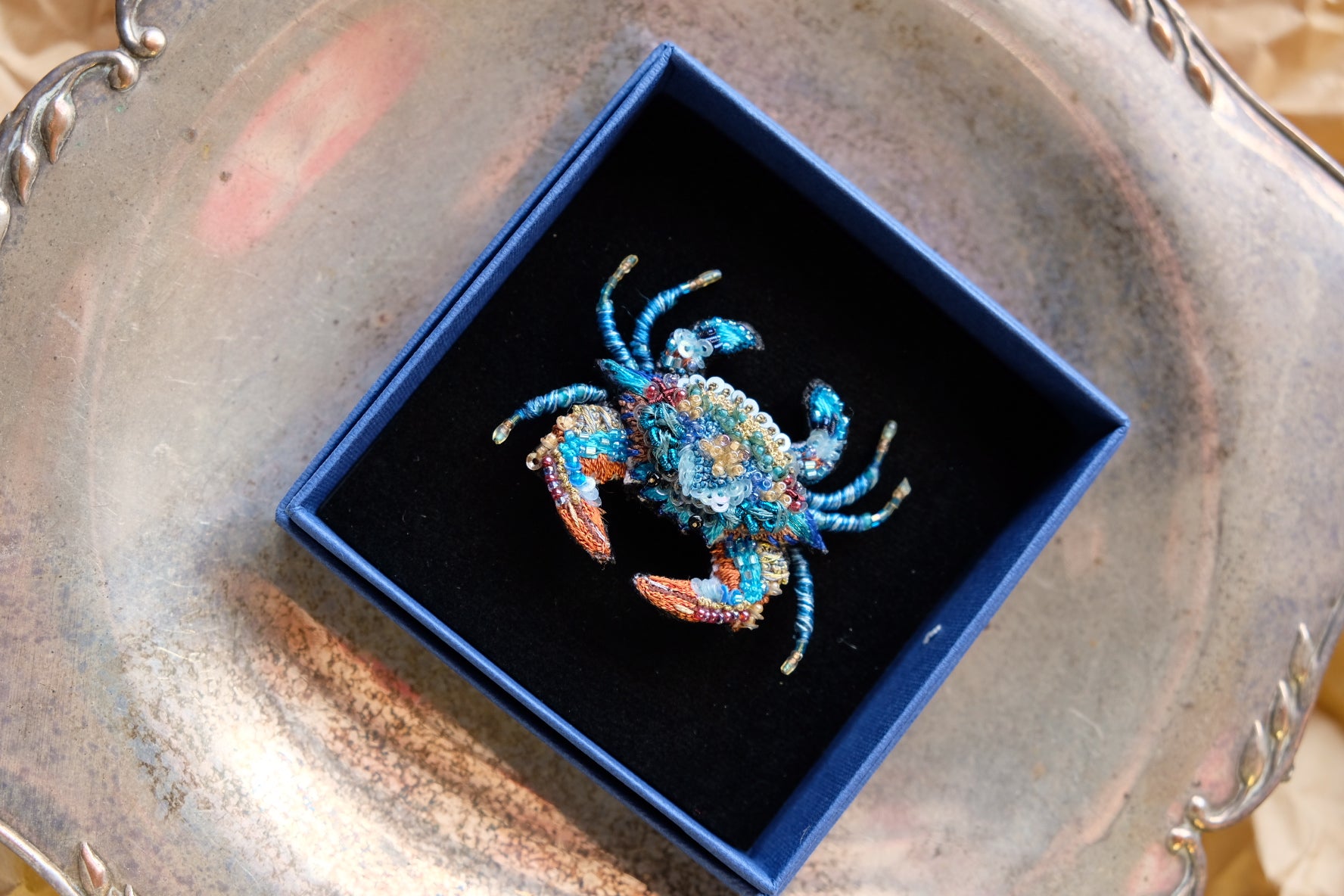 Ornate Blue Crab Brooch