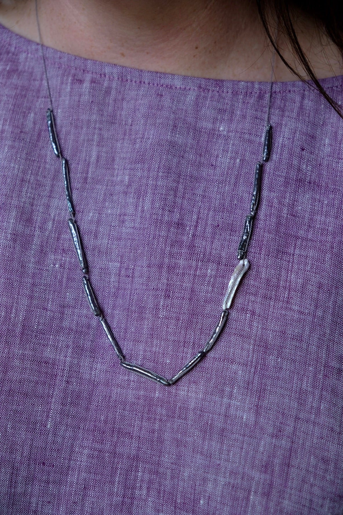 Grey silk necklace thin blue pearls and white pearls