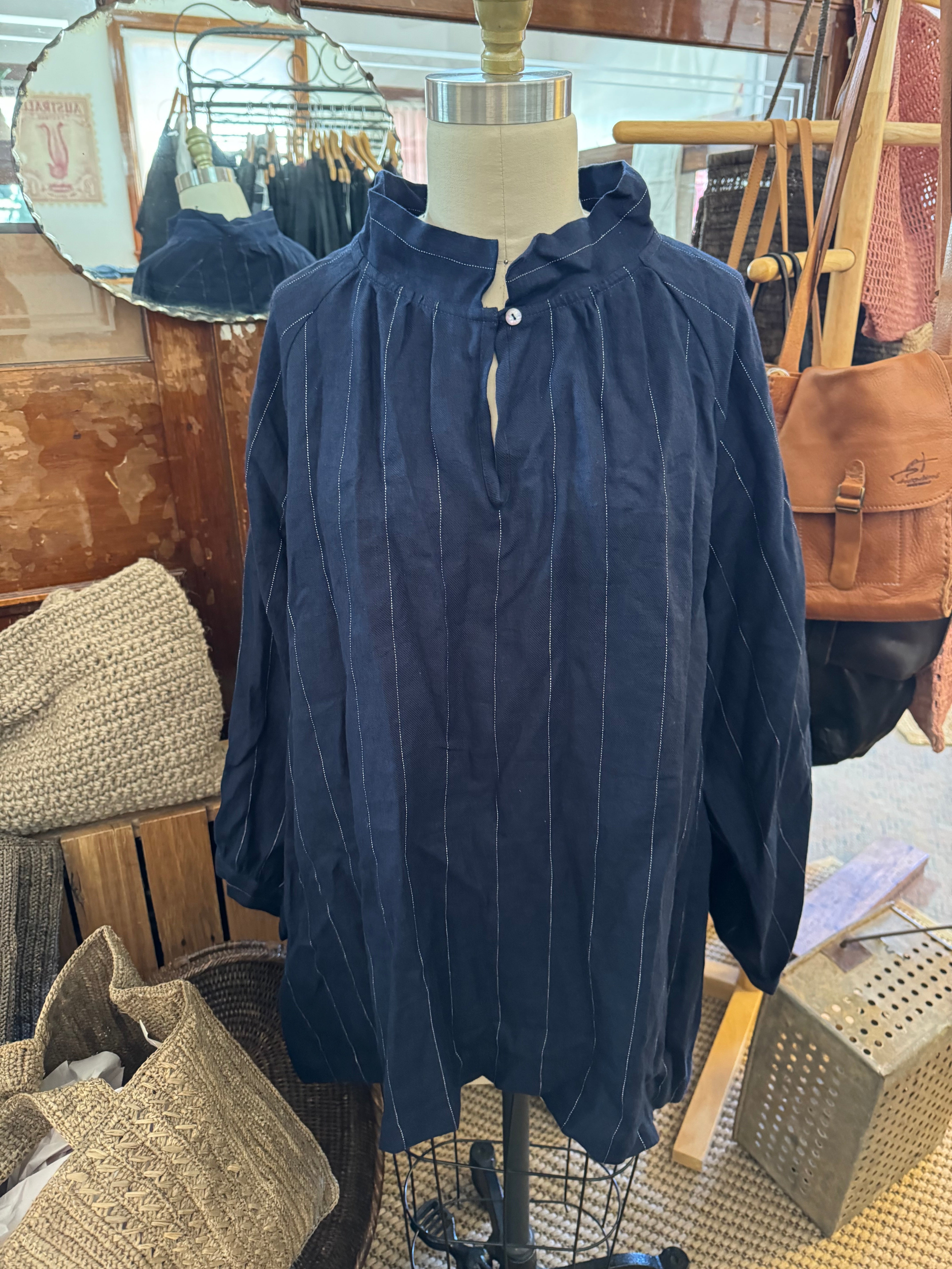 Pre-loved Aurora Linen Twill Smock - Navy Stripe