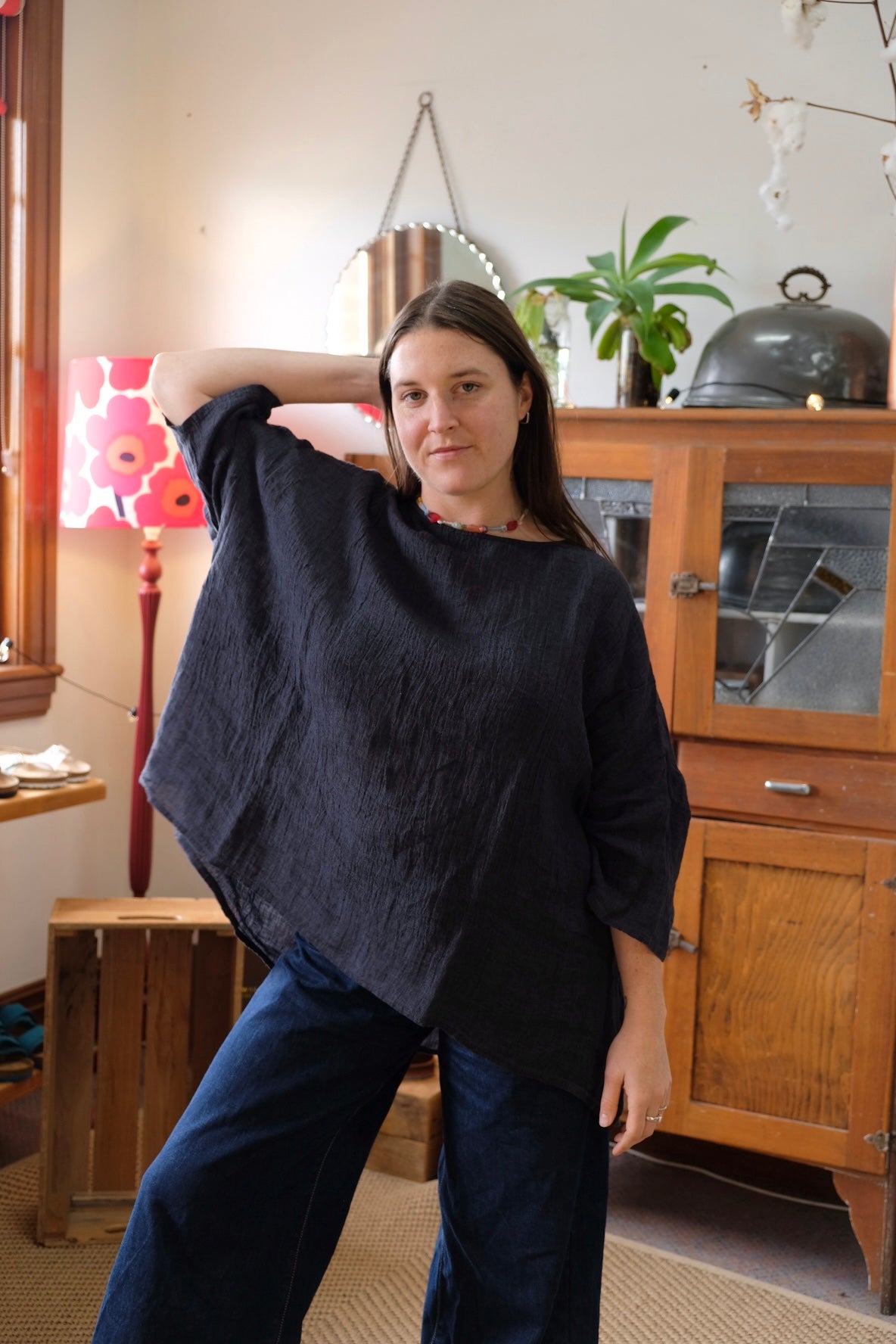 Clara Oversized Linen Gauze Tee - Blackwood