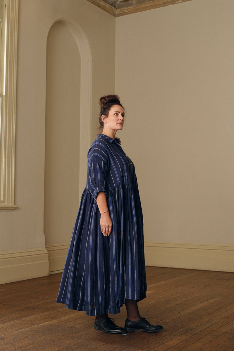 Edith Dress - Linen navy stripe