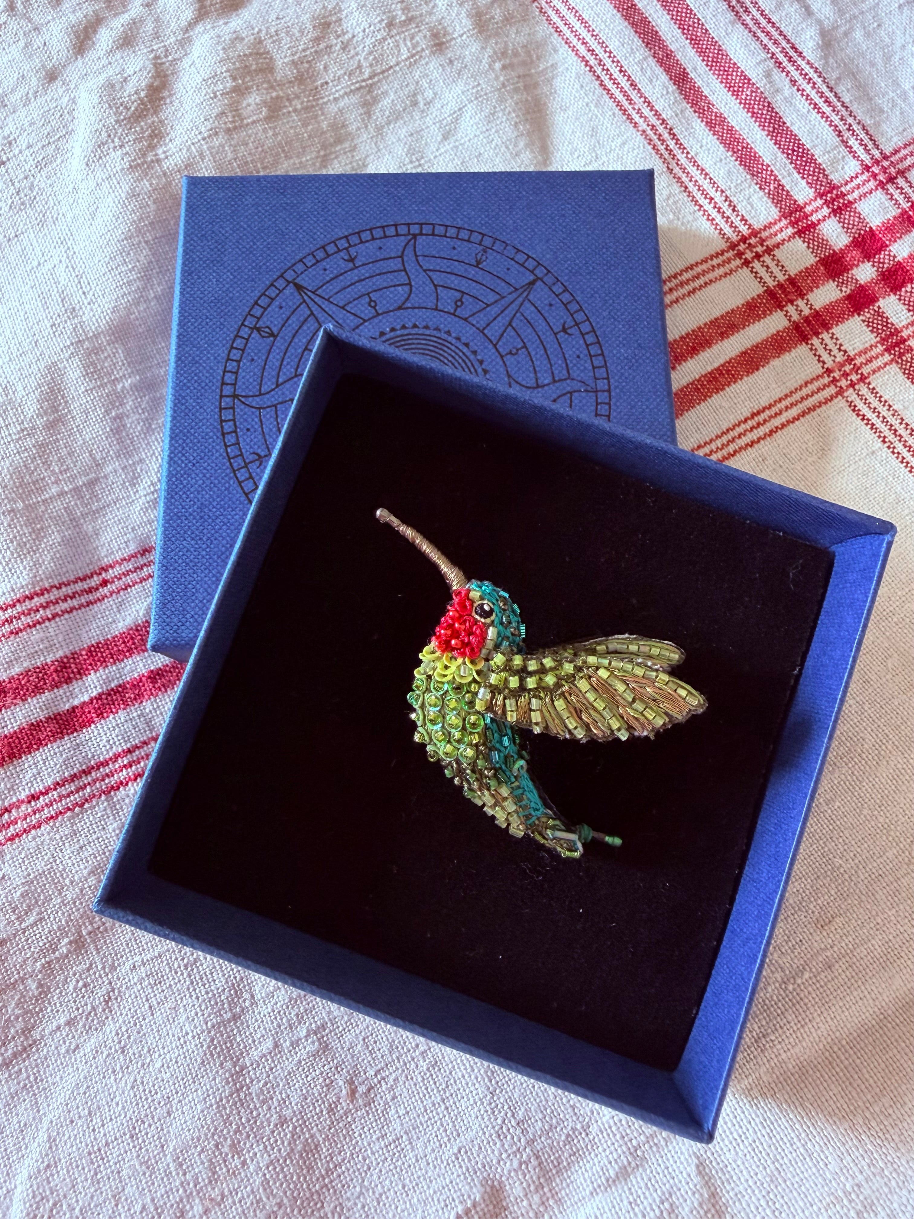 Ruby throated hummingbird brooch