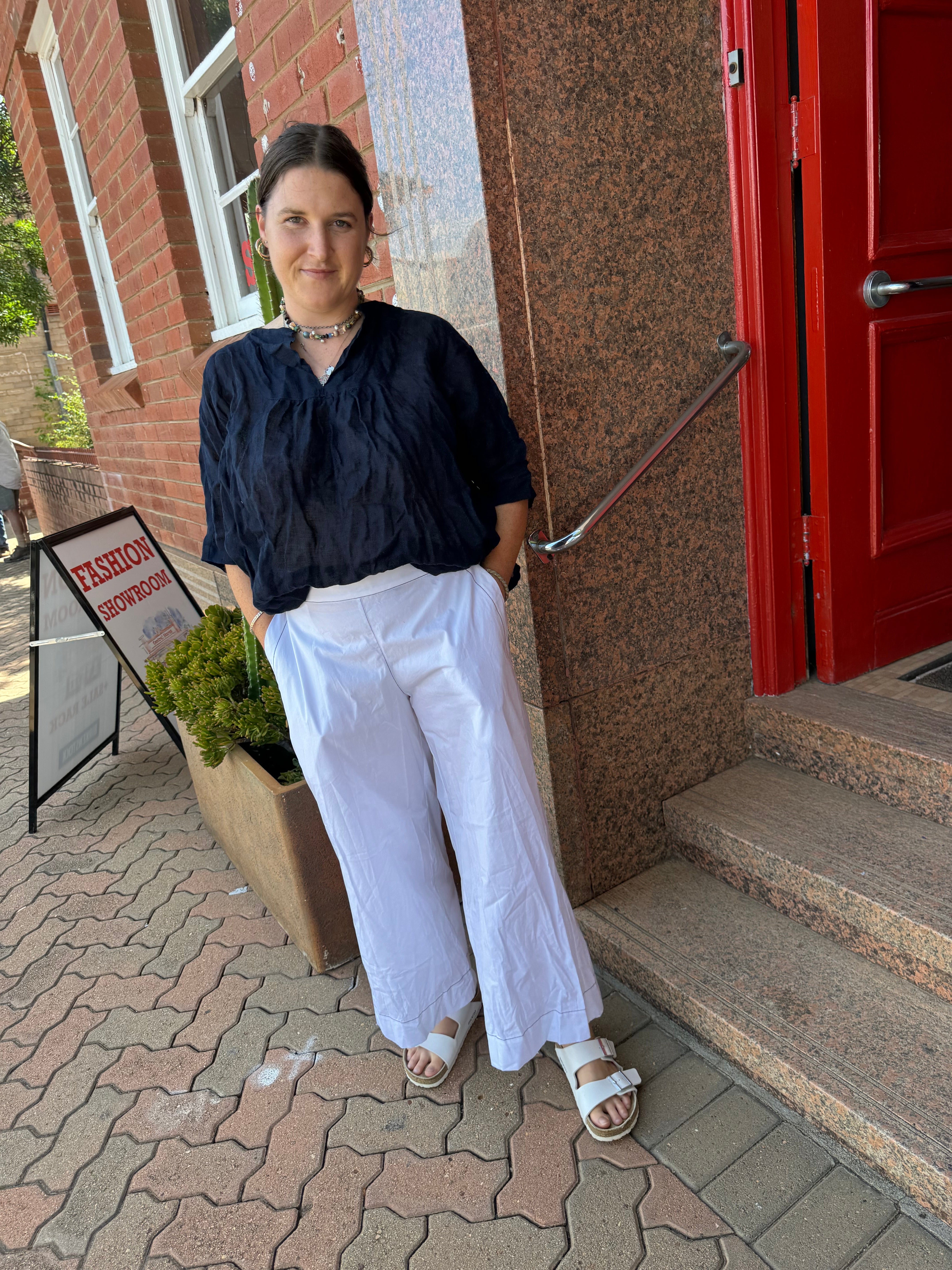 Alira Pant - White Cotton with Black stitching