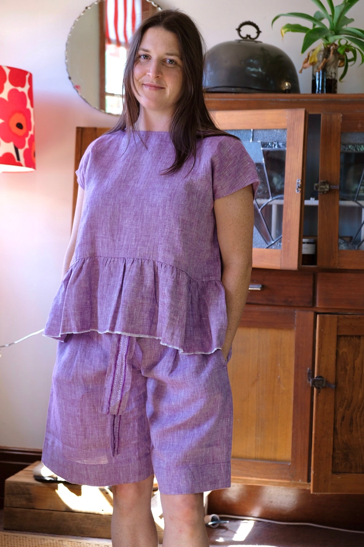 Ida Linen Top with Tie Detail - Lilac/White Cross Dye