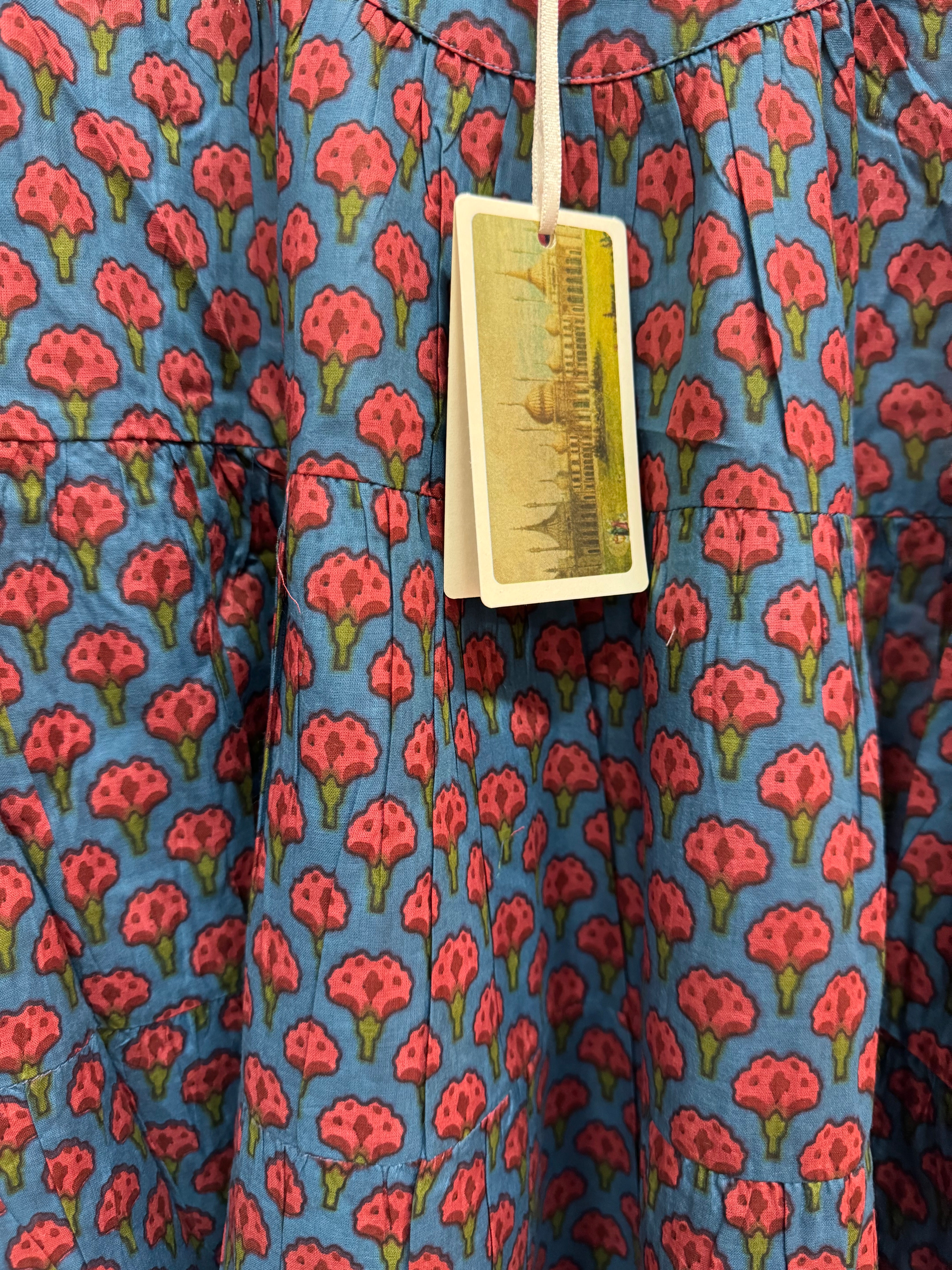 Hand Block Printed V Neck Nightie laced - deep blue with dark pink flower