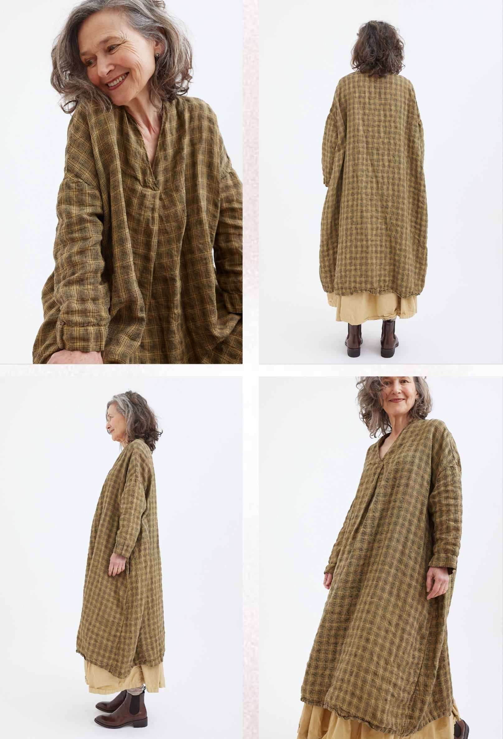 Ottilie V-neck dress textured Check Citrine
