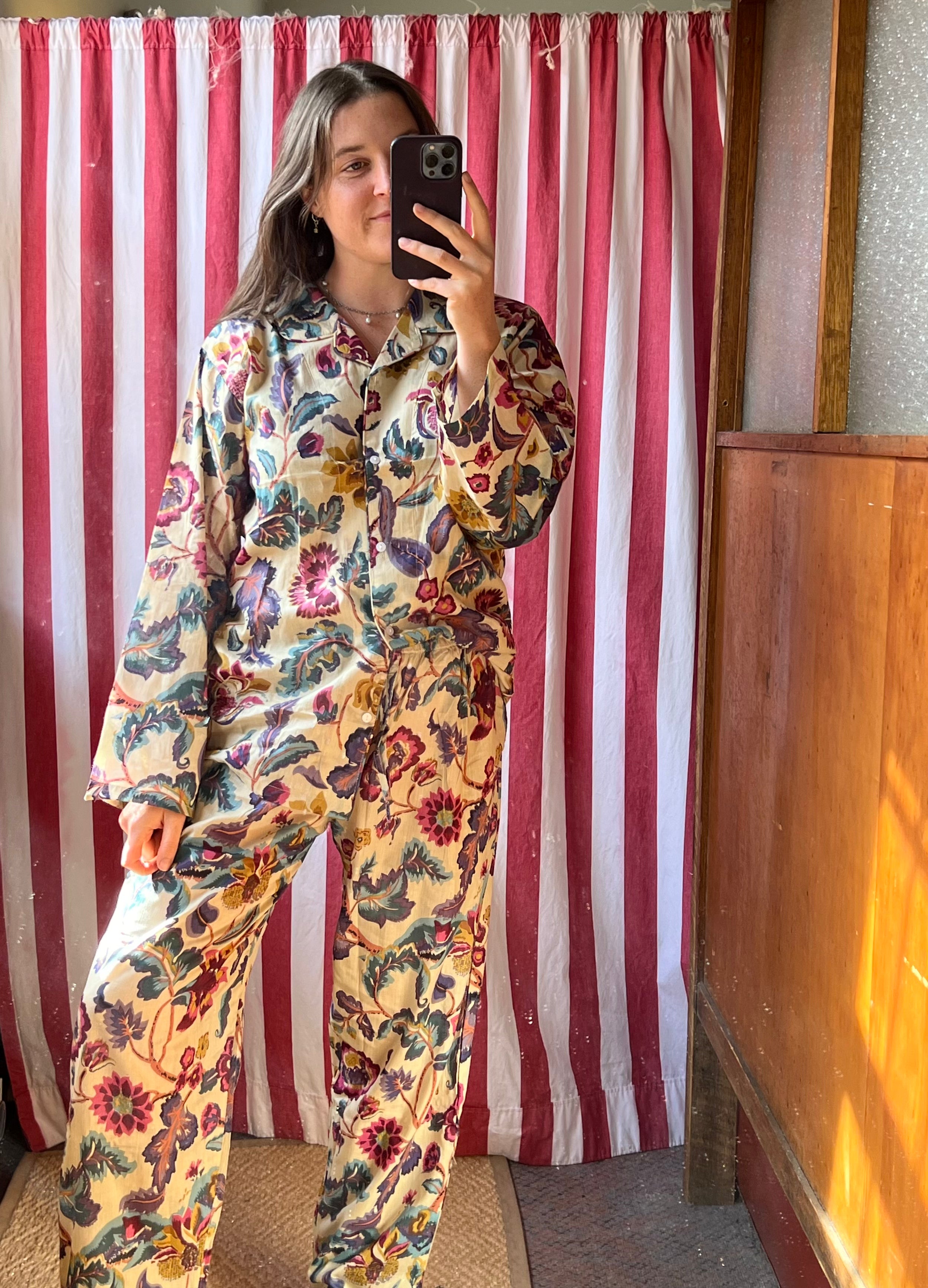 Hand Block Printed Long PJ - Mauve/Crimson Floral