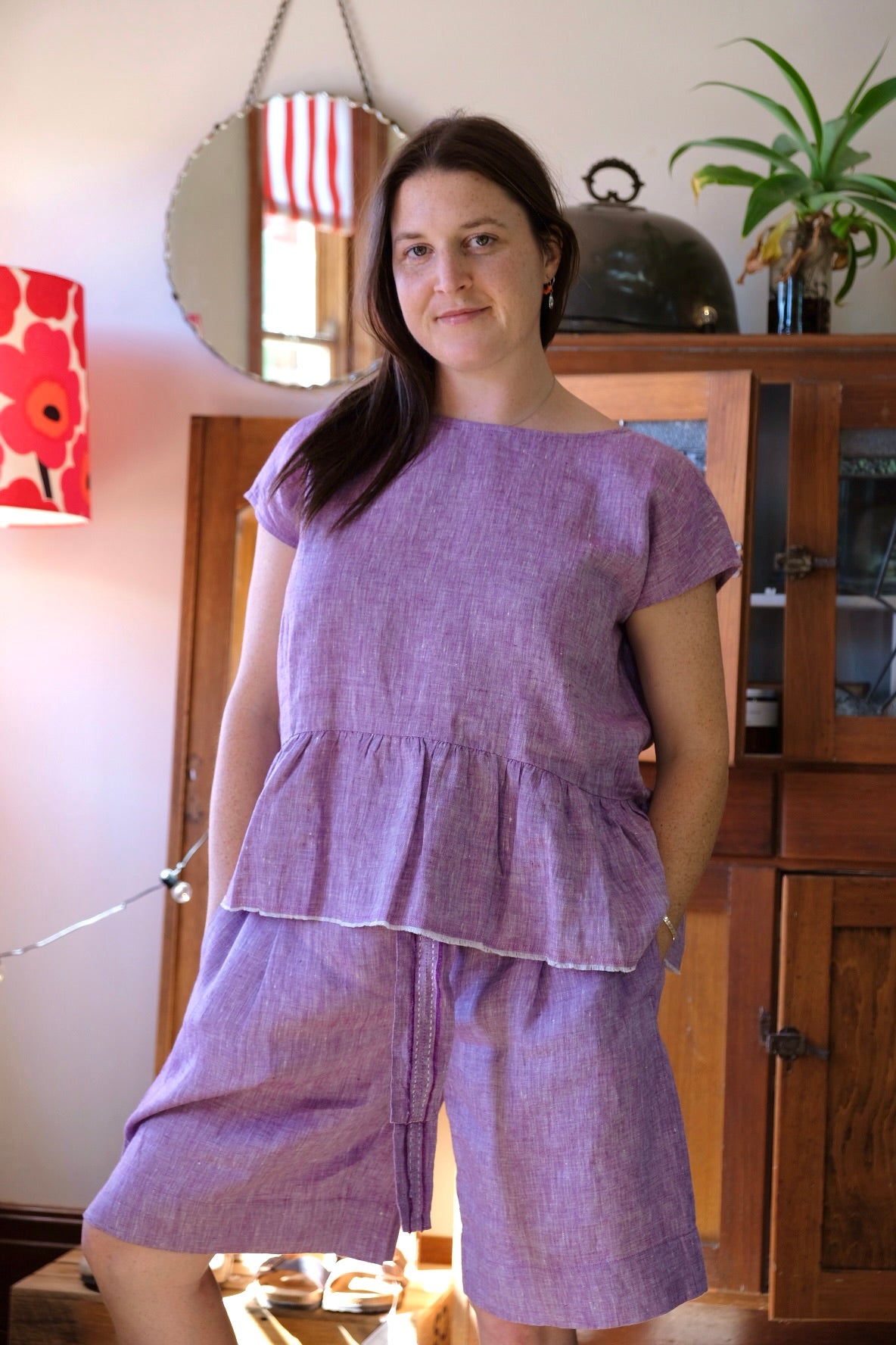 Ida Linen Top with Tie Detail - Lilac/White Cross Dye