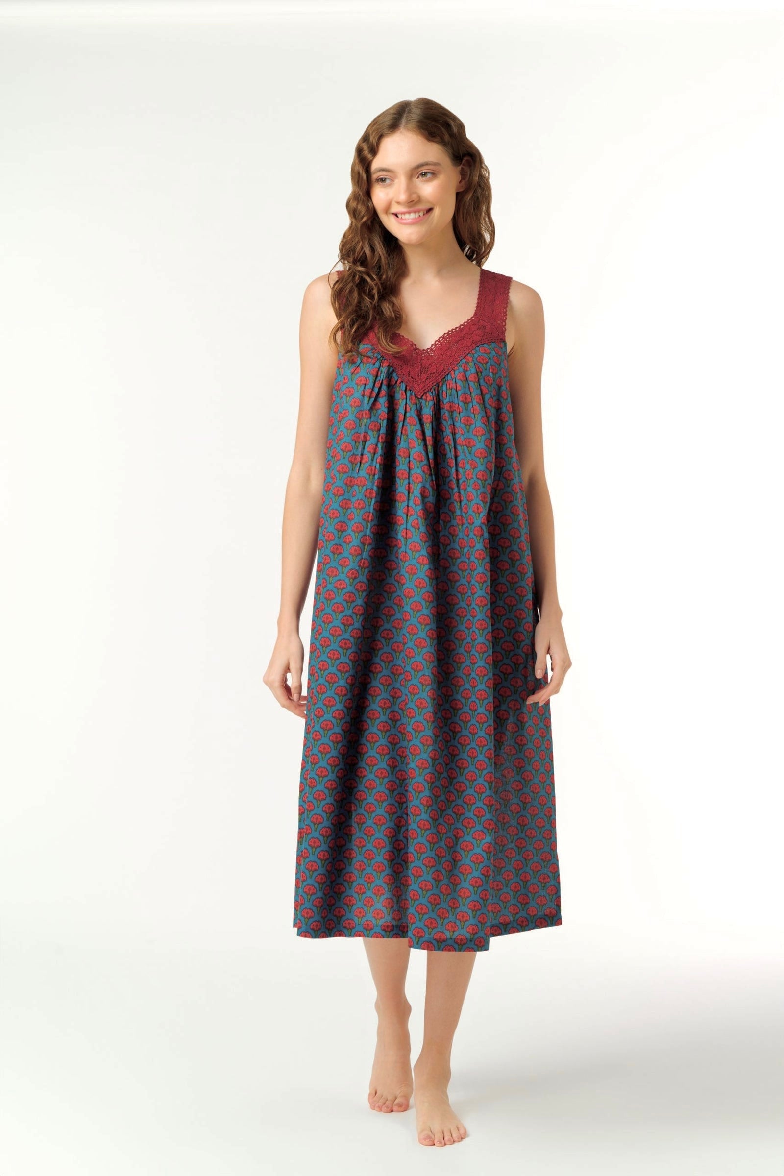 Hand Block Printed V Neck Nightie laced - deep blue with dark pink flower