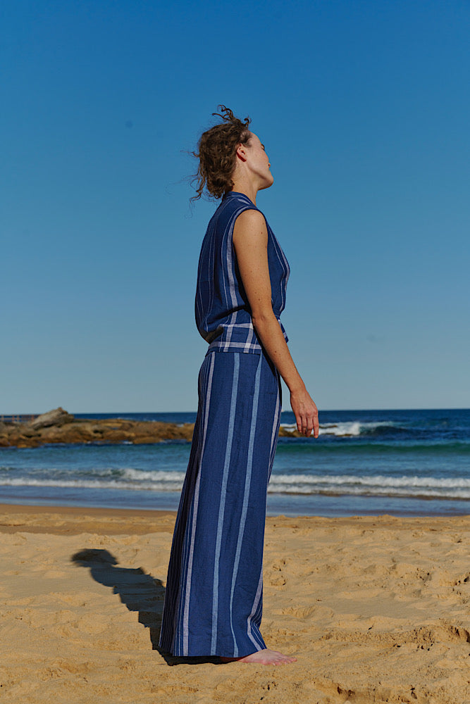 West Pant - Stripe Linen Indigo