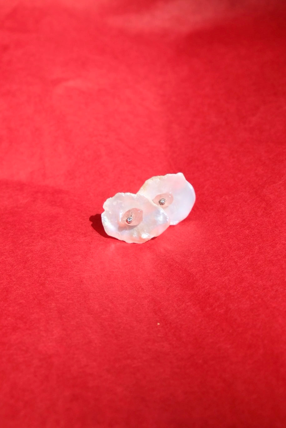 Cornflake Keshi pearl stud earrings with pink rose quartz