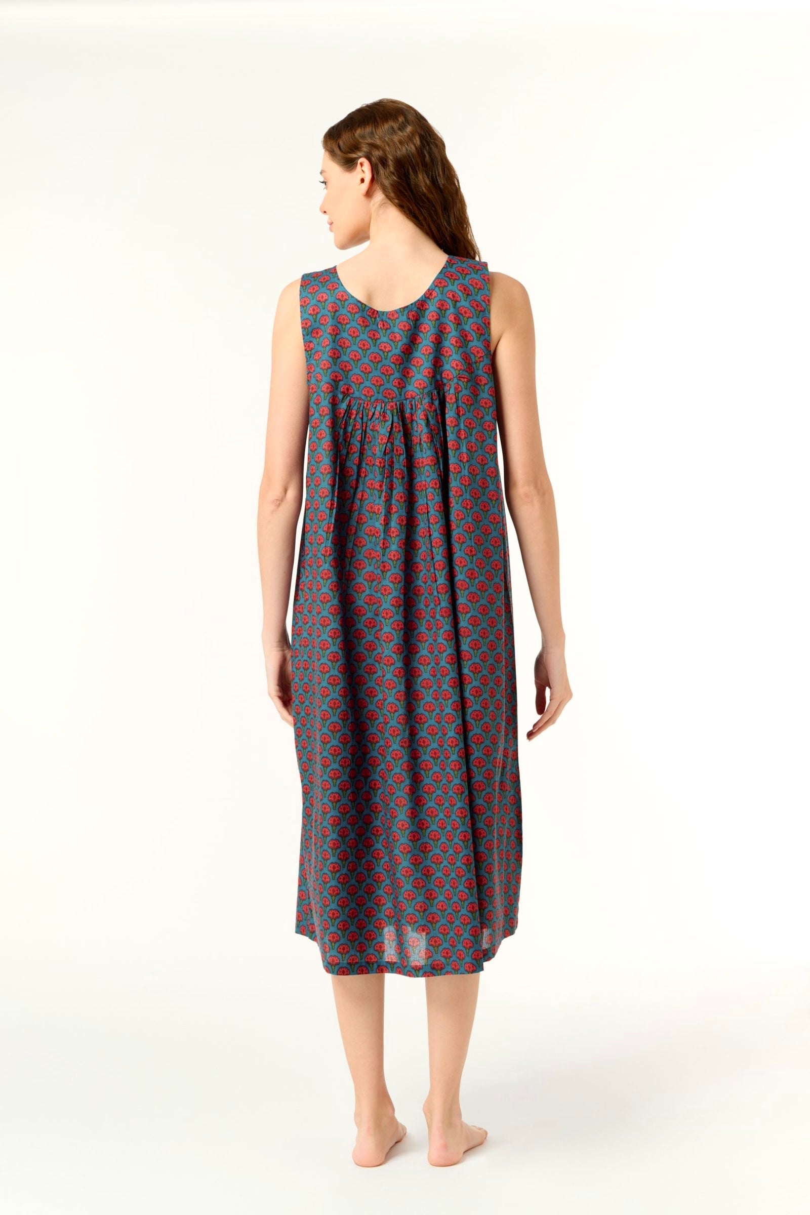 Hand Block Printed V Neck Nightie laced - deep blue with dark pink flower