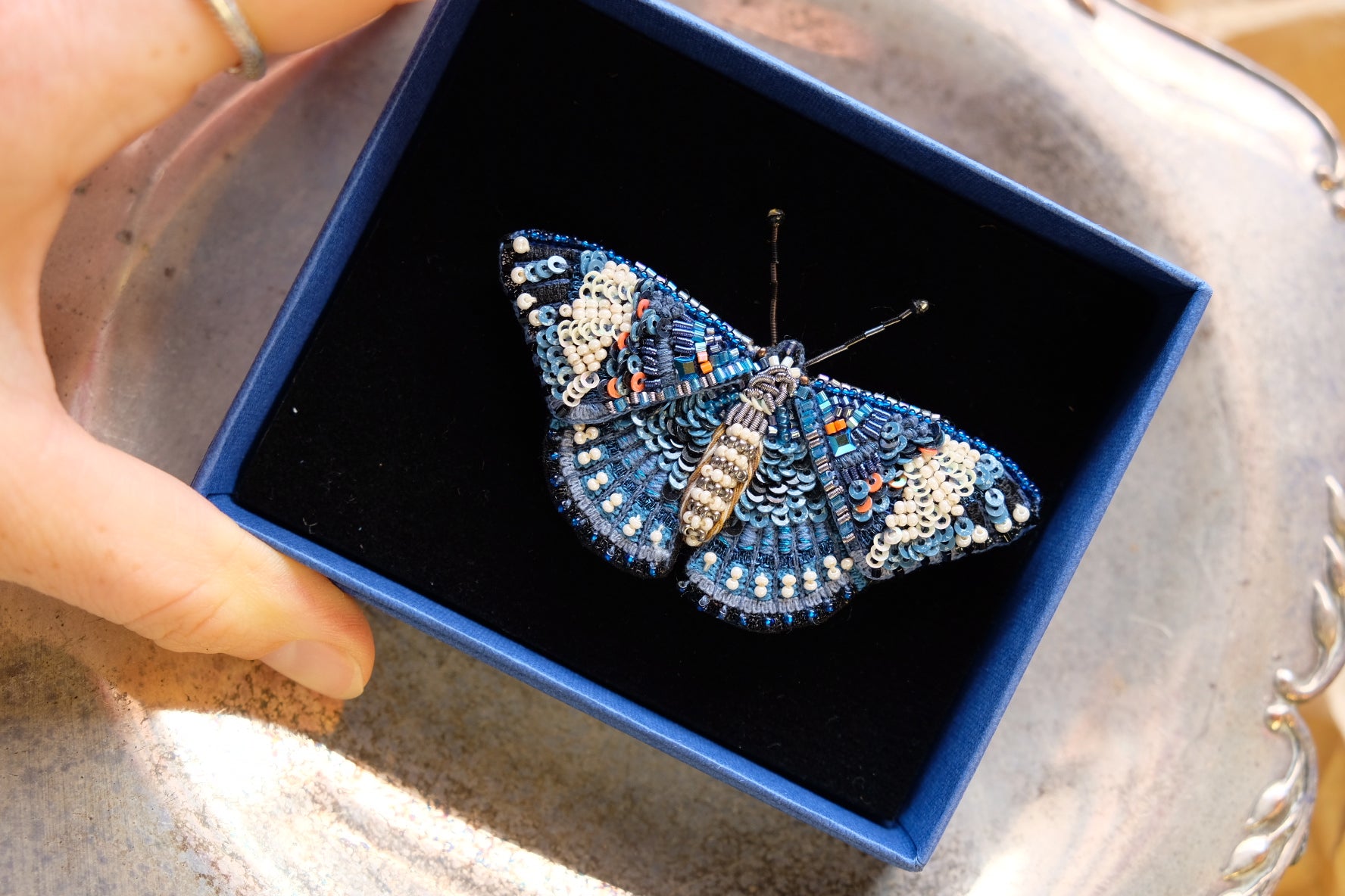 Blue Calico Cracker Butterfly Brooch