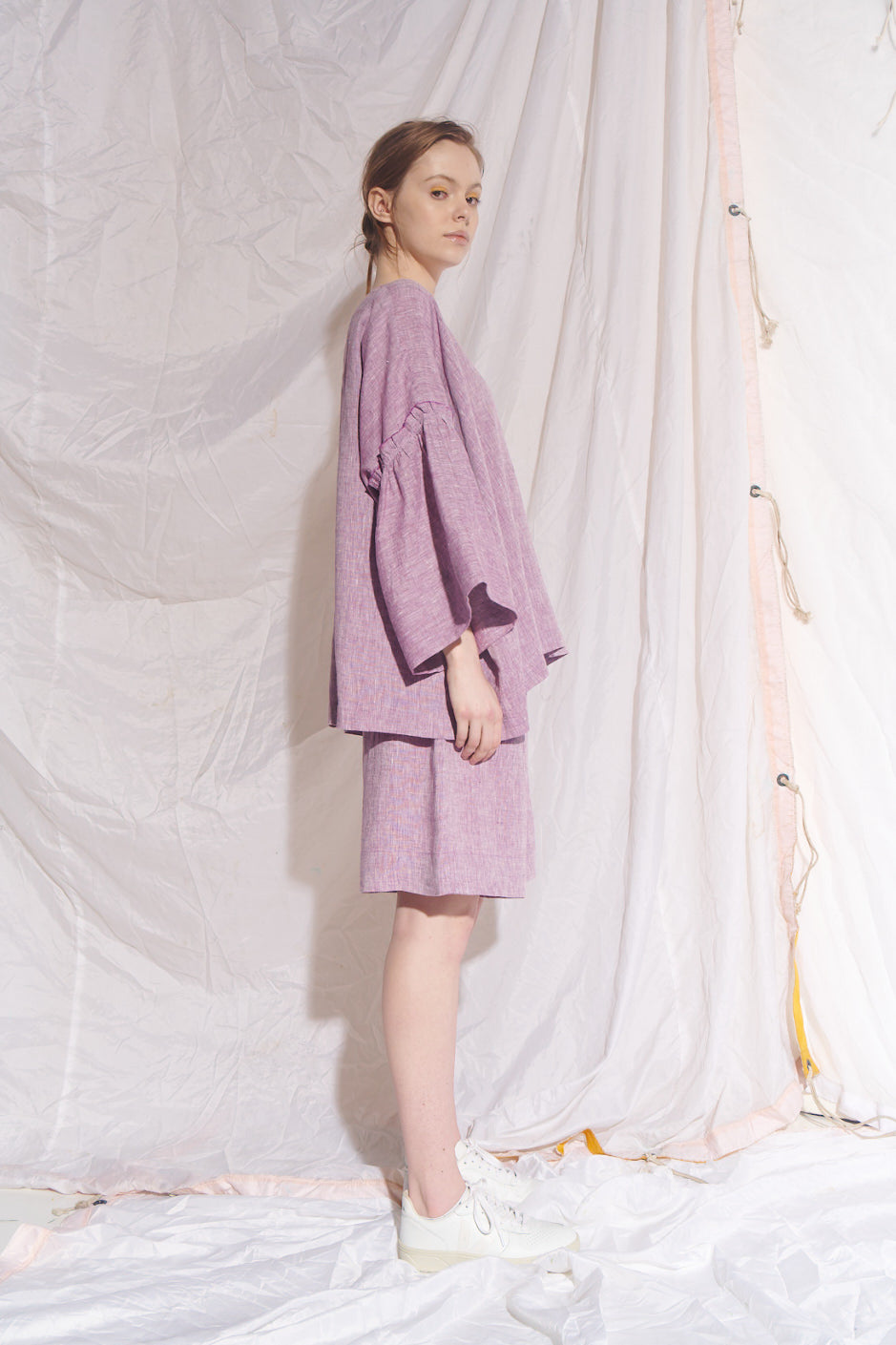 Belted Mata Linen Short - Lilac/White Cross Dye