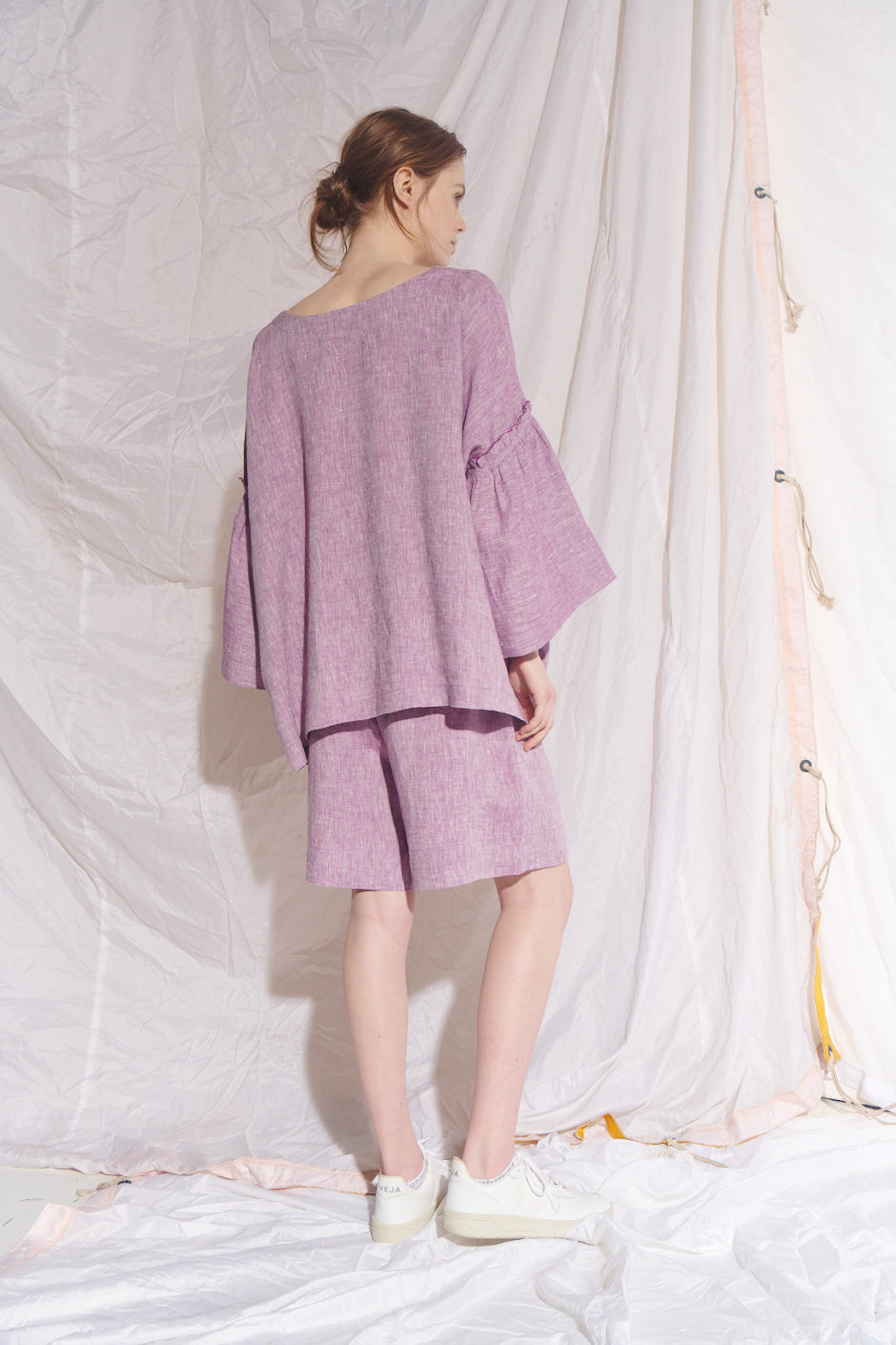 Belted Mata Linen Short - Lilac/White Cross Dye