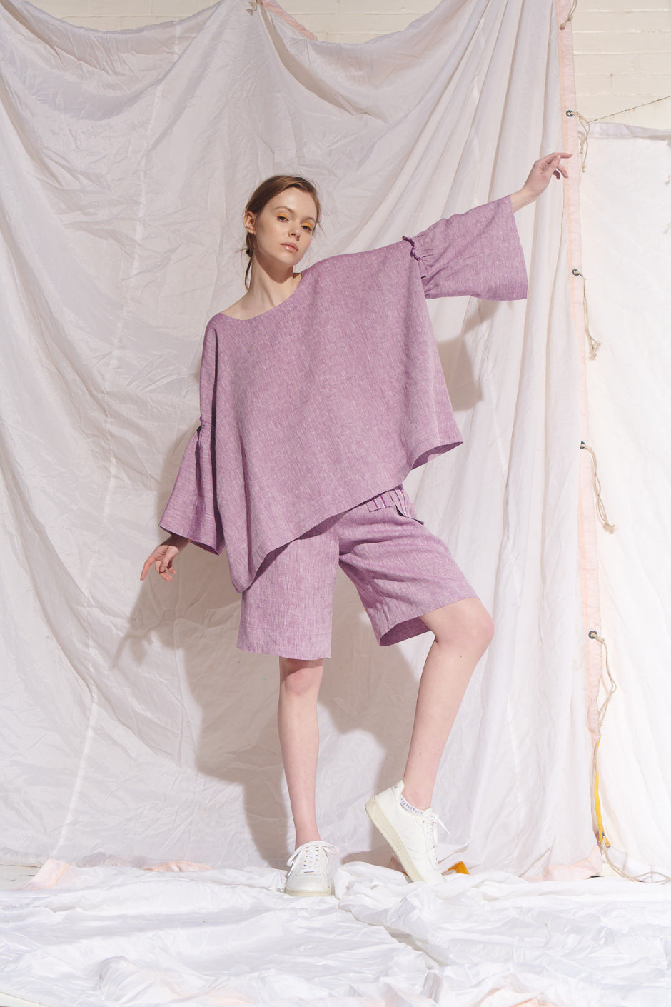 Belted Mata Linen Short - Lilac/White Cross Dye