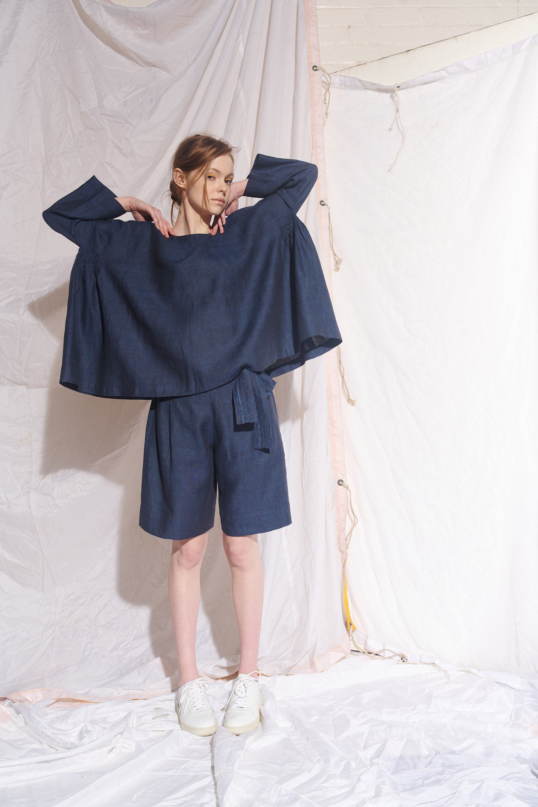 Belted Mata Linen Short - Navy/Black Cross Dye