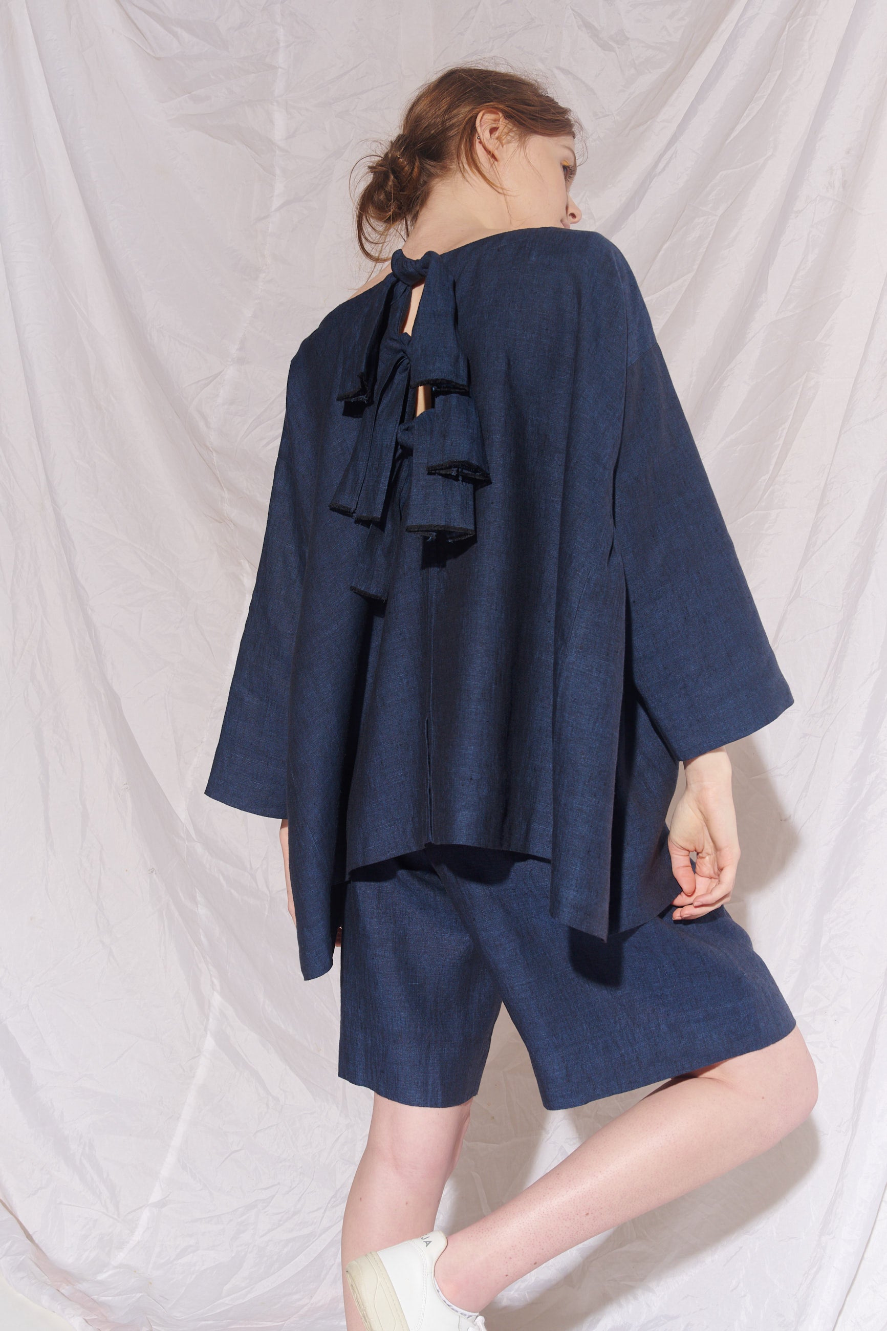 Belted Mata Linen Short - Navy/Black Cross Dye