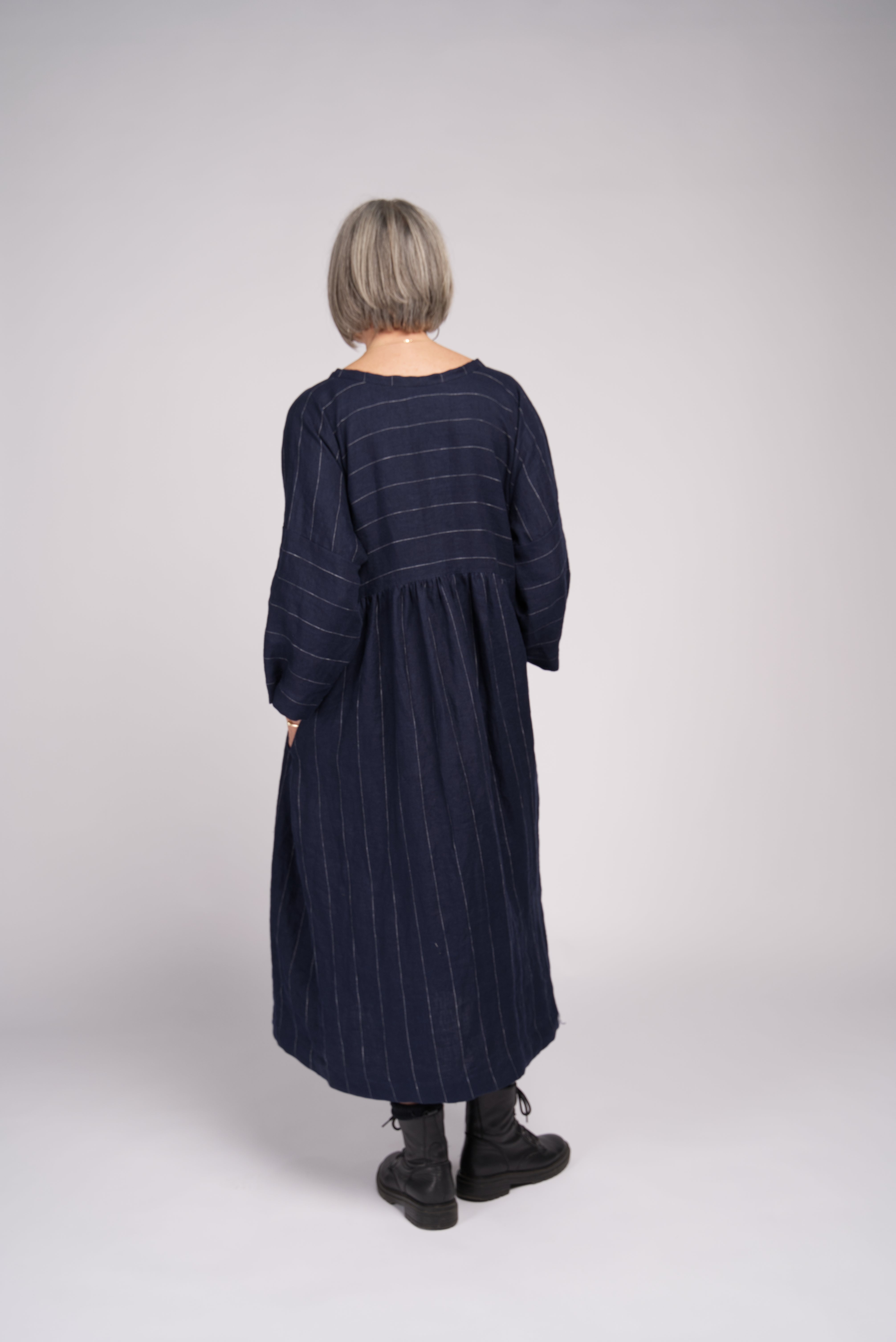 Bess Dress Linen Twill - Navy Pinstripe