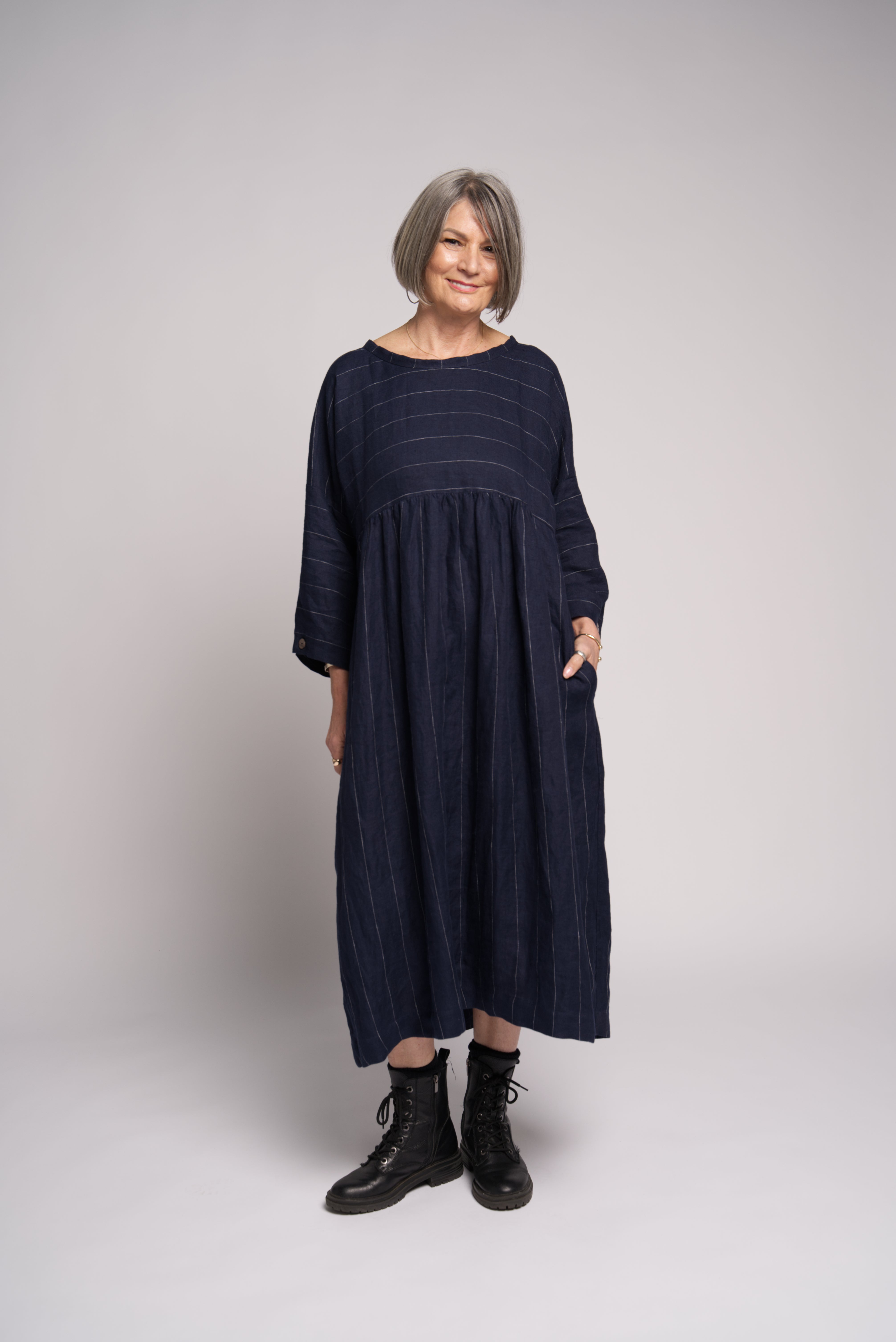 Bess Dress Linen Twill - Navy Pinstripe