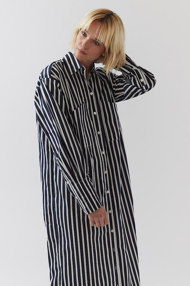 Demi Dress - Navy Stripe Poplin