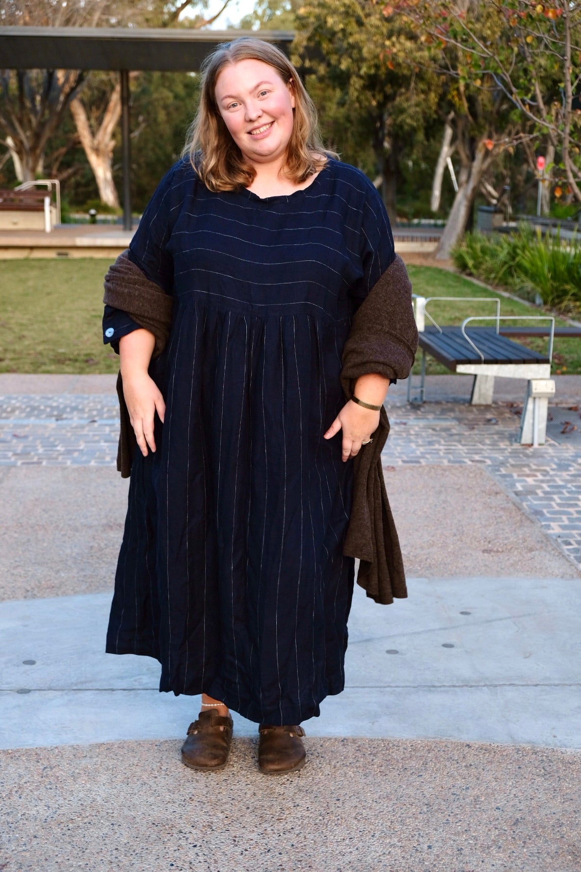 Bess Dress Linen Twill - Navy Pinstripe