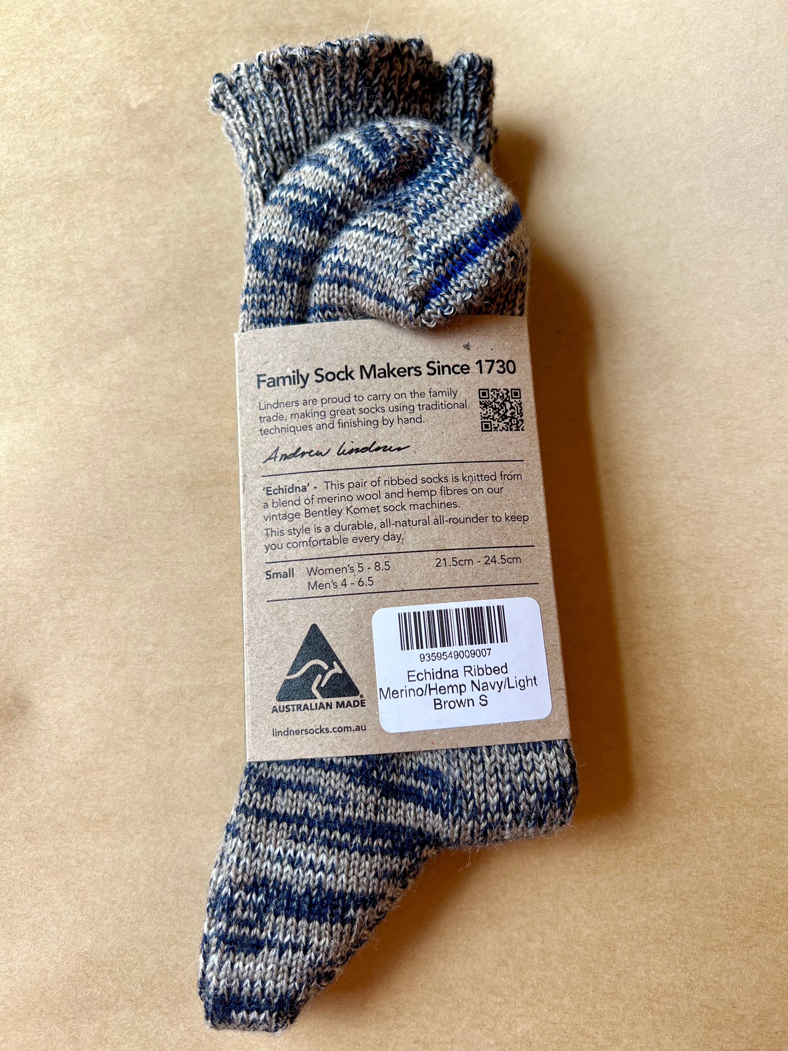 Echidna Ribbed Merino/Hemp - Navy/Light Brown