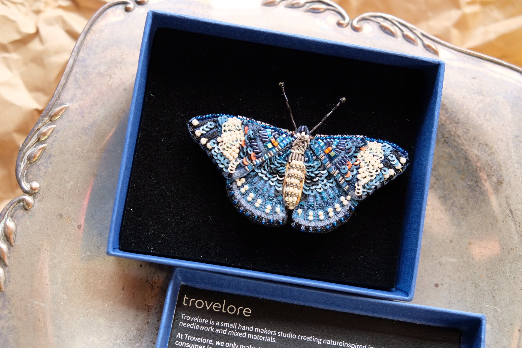 Blue Calico Cracker Butterfly Brooch
