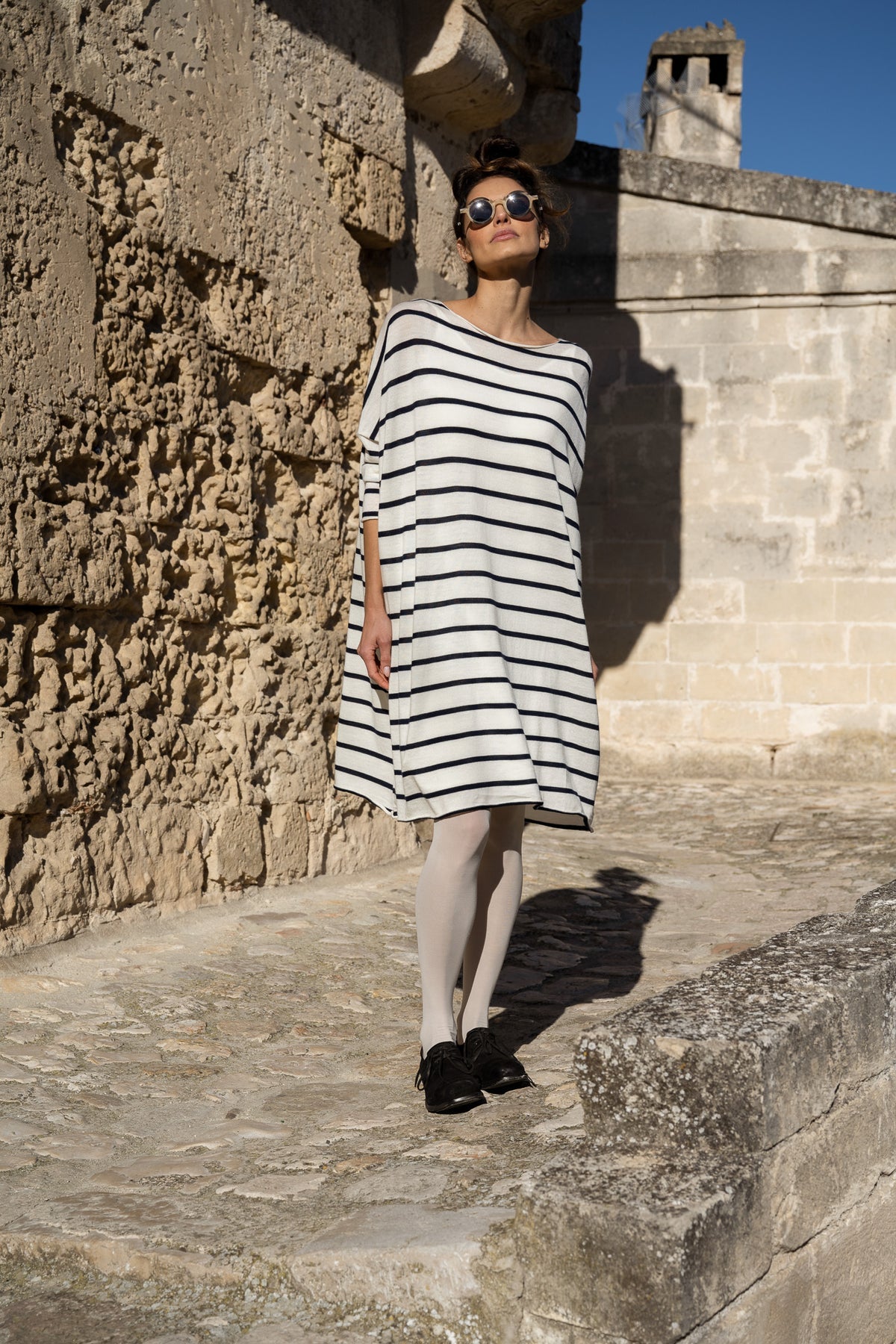 Emi Wool Dress - Cream with Navy Stripe