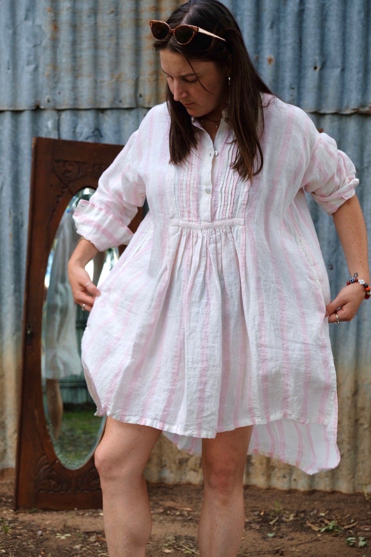 Bailey Linen Shirt - Pink and White Stripe Linen