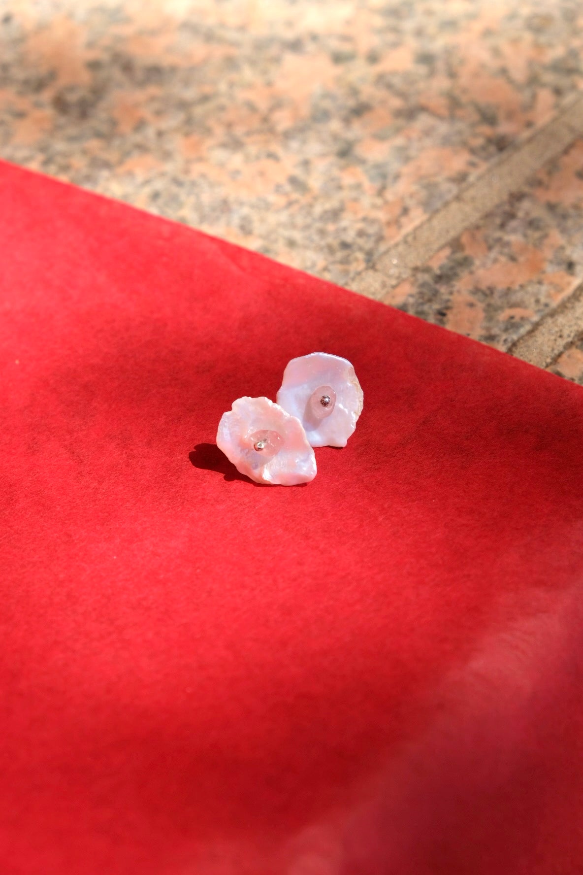 Cornflake Keshi pearl stud earrings with pink rose quartz