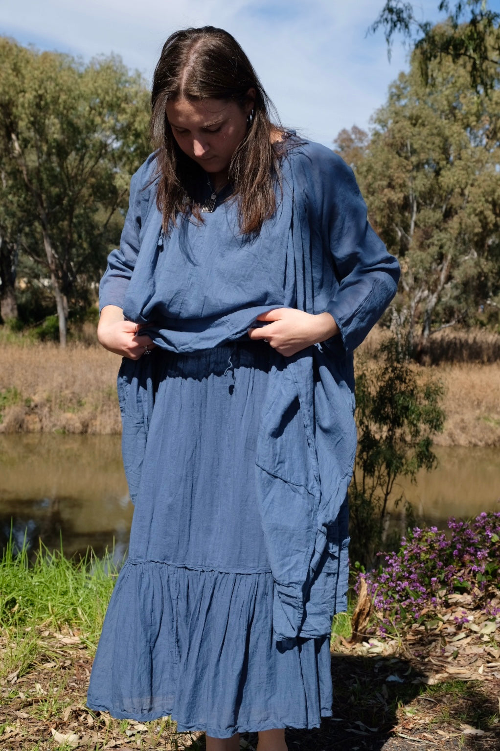 Tansy Raglan Sleeve Dress Cotton Voile - Denim