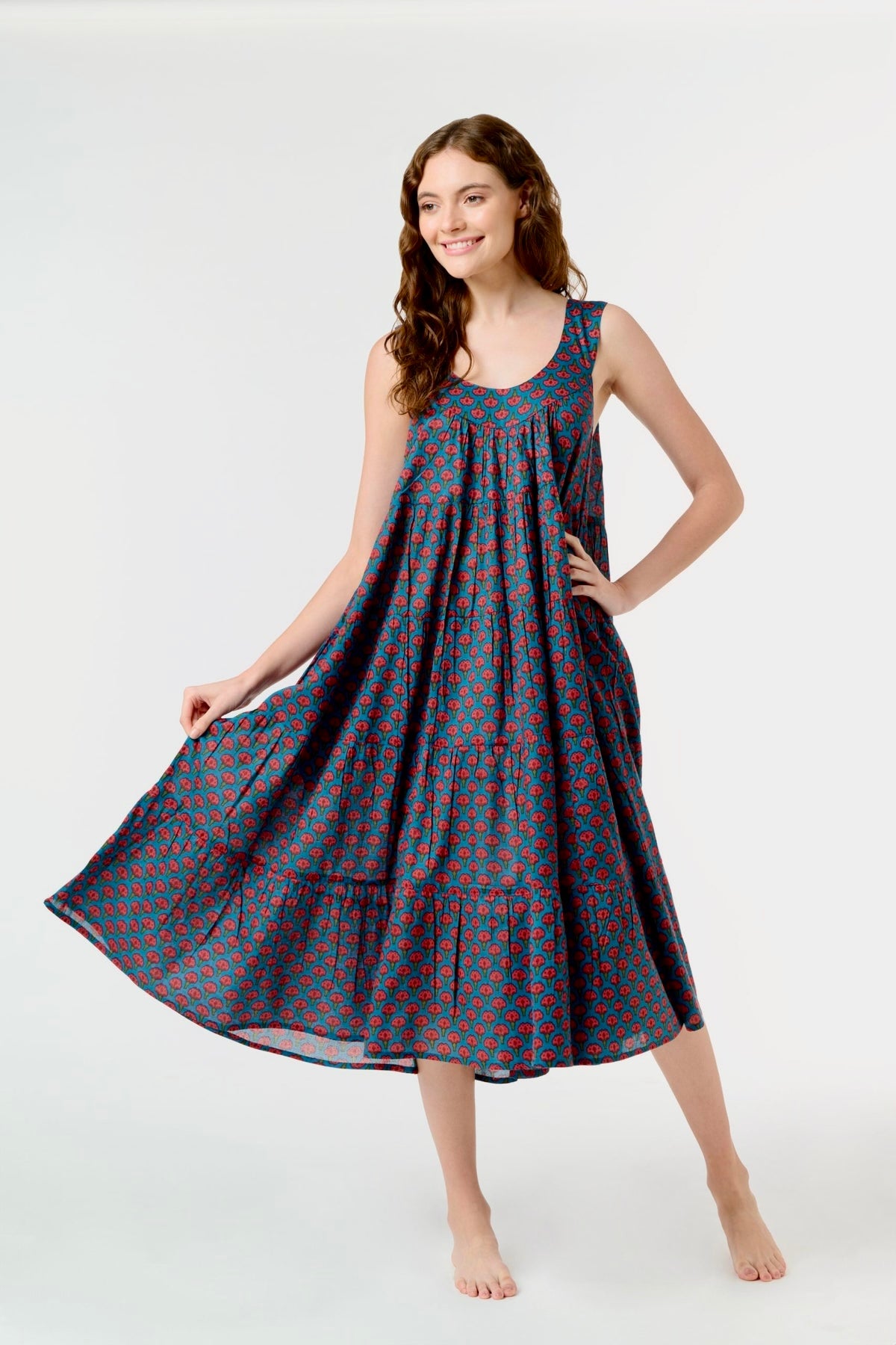 Hand Block Printed Tiered Nightie - deep blue with dark pink flower