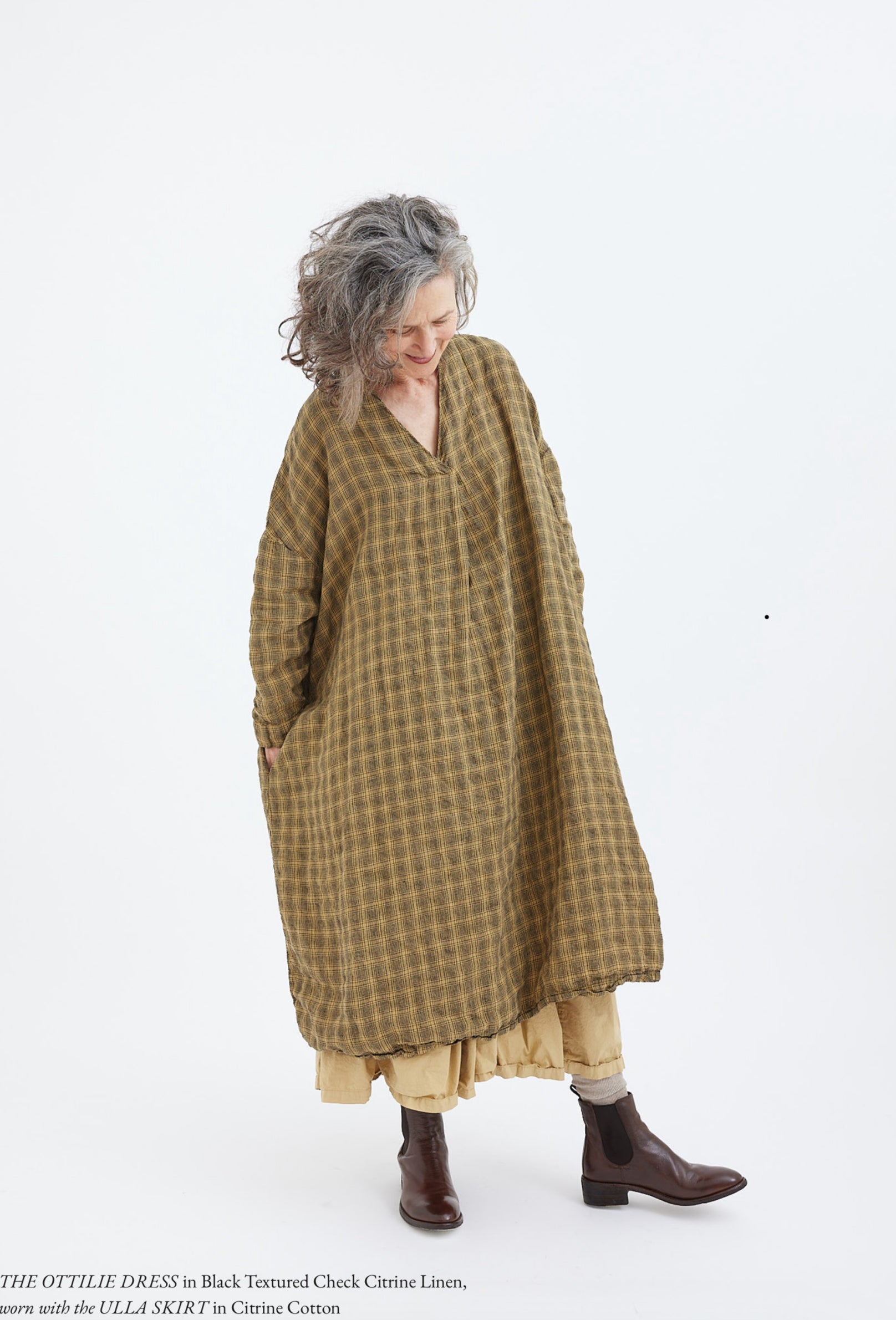 Ottilie V-neck dress textured Check Citrine