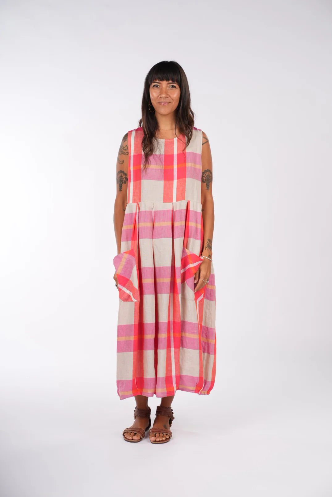 Sartene Linen Dress in Orange Check