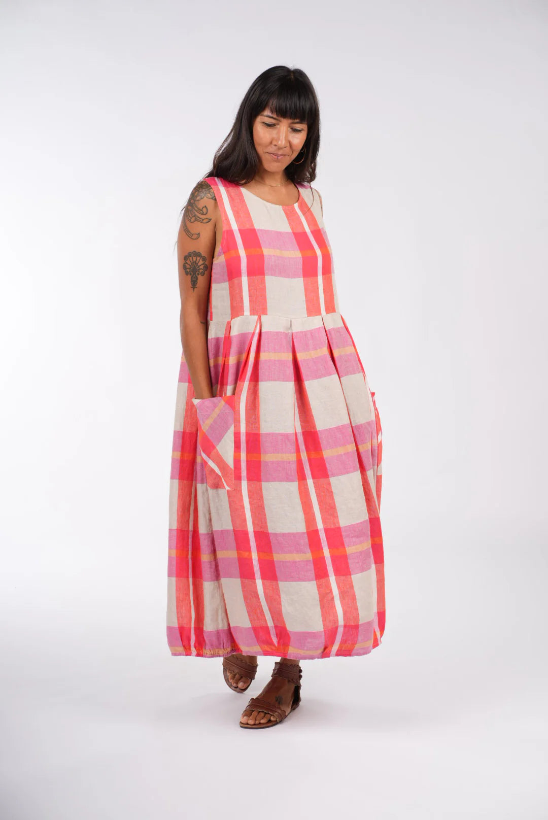 Sartene Linen Dress in Orange Check