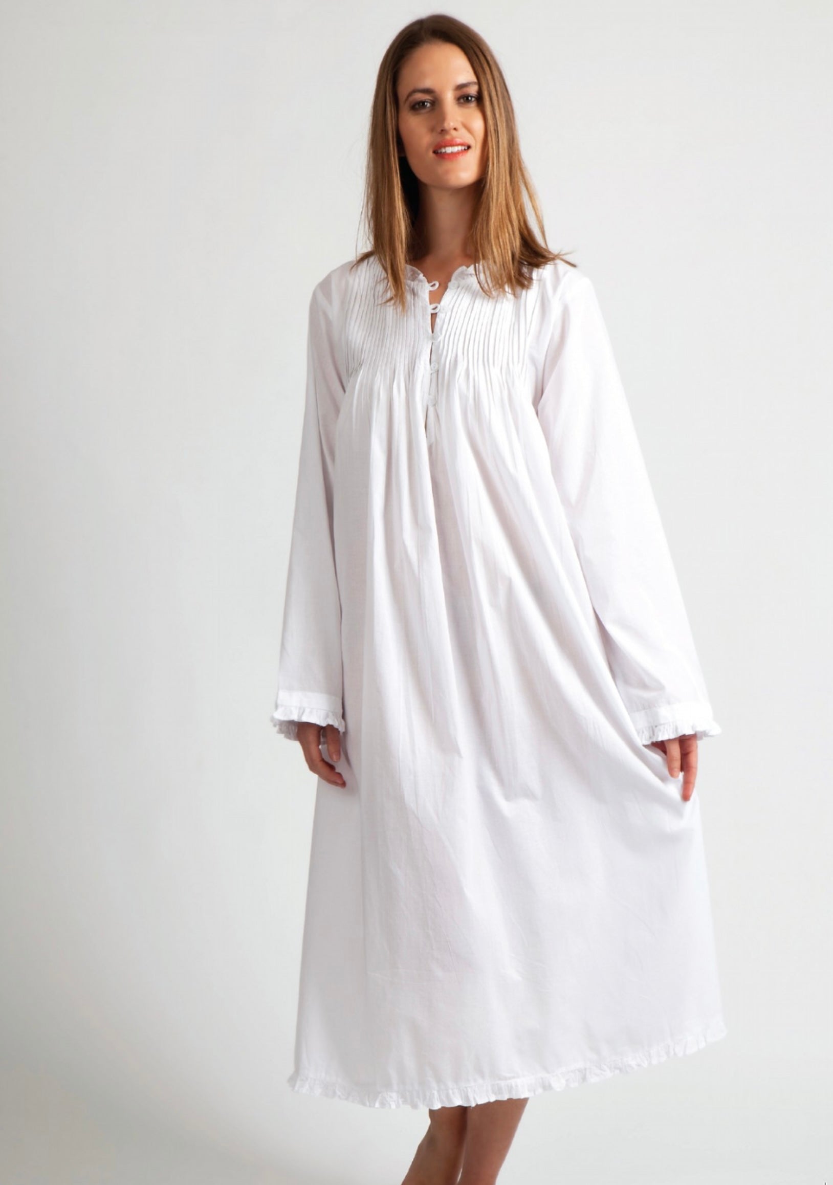 Long Sleeve Nightie - white cotton pintucked