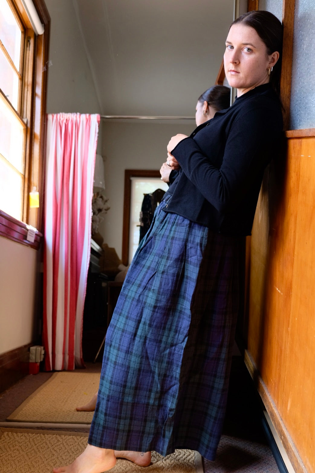 Freya French Linen Pants in Blue Tartan