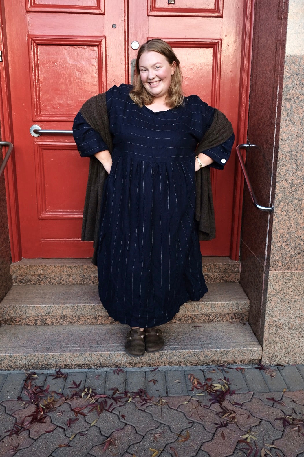 Bess Dress Linen Twill - Navy Pinstripe