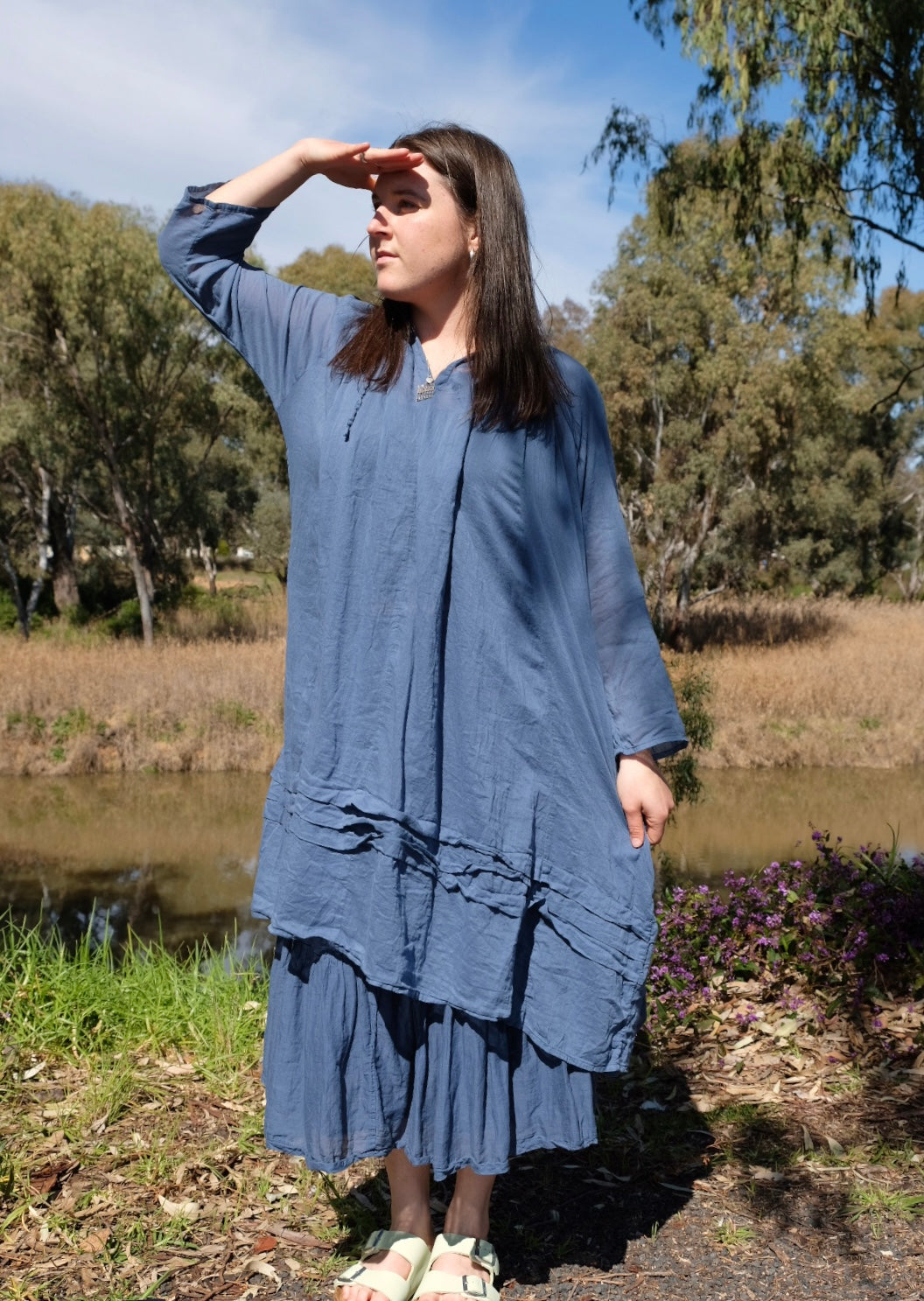 Tansy Raglan Sleeve Dress Cotton Voile - Denim