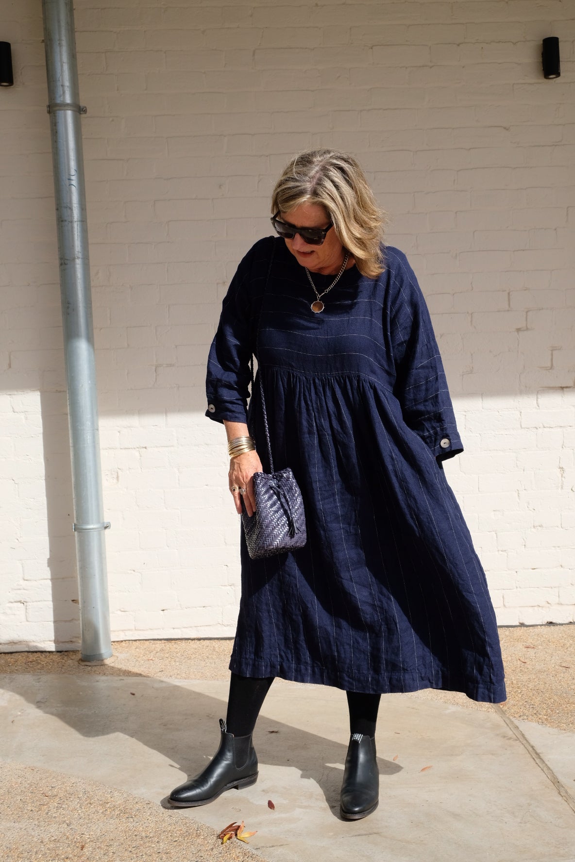 Bess Dress Linen Twill - Navy Pinstripe