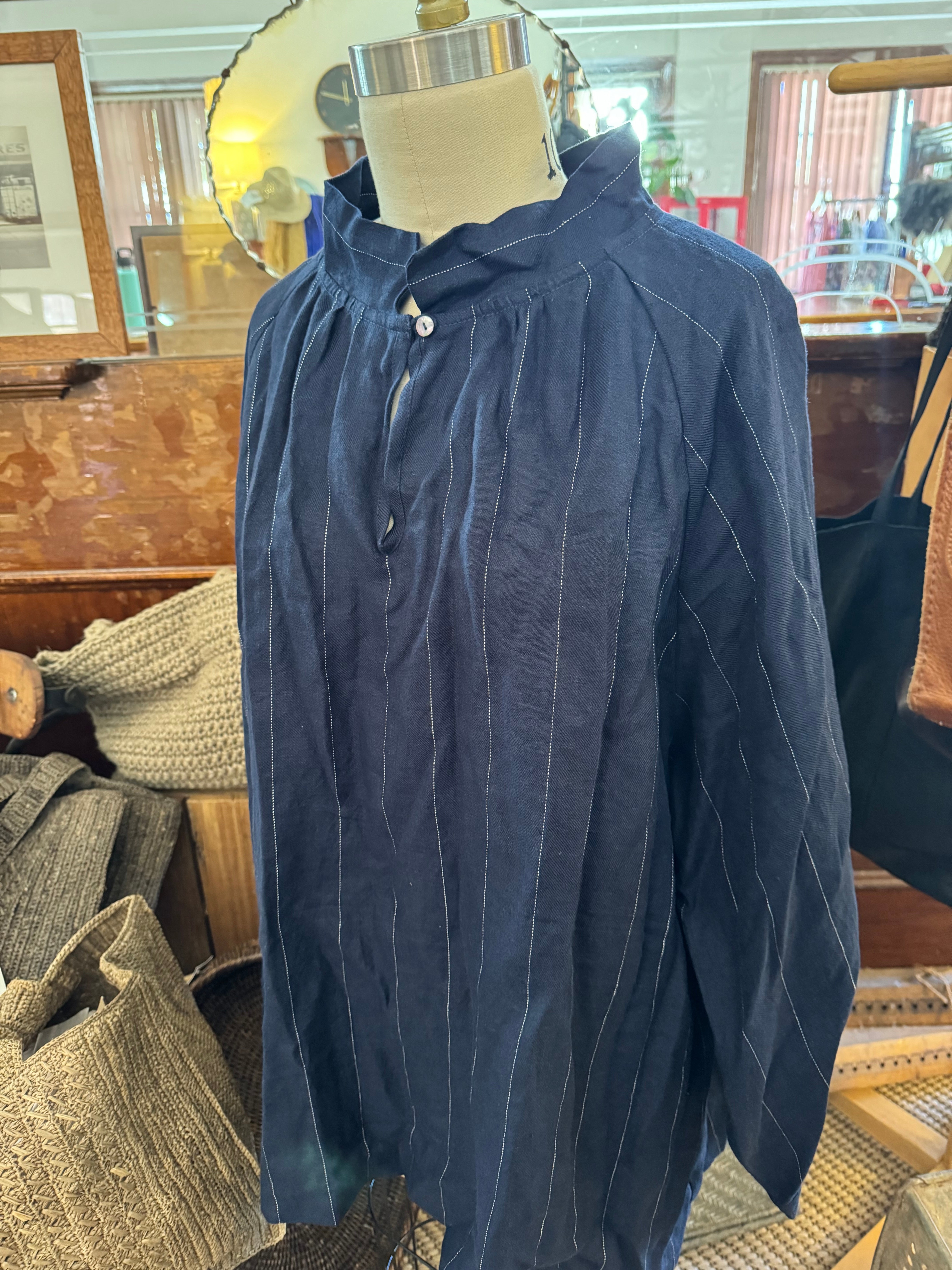 Pre-loved Aurora Linen Twill Smock - Navy Stripe