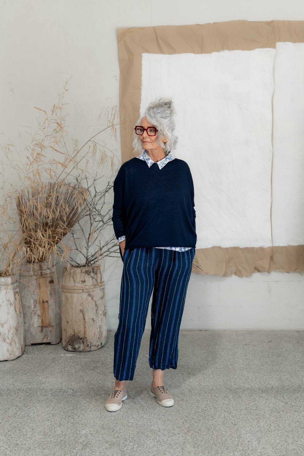 Léon Pant - Linen navy stripe