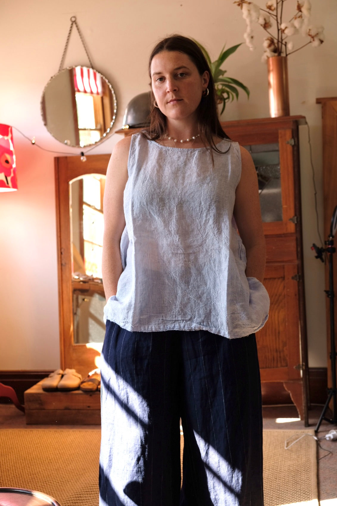 Gia Top - Linen Blue Pin Stripe