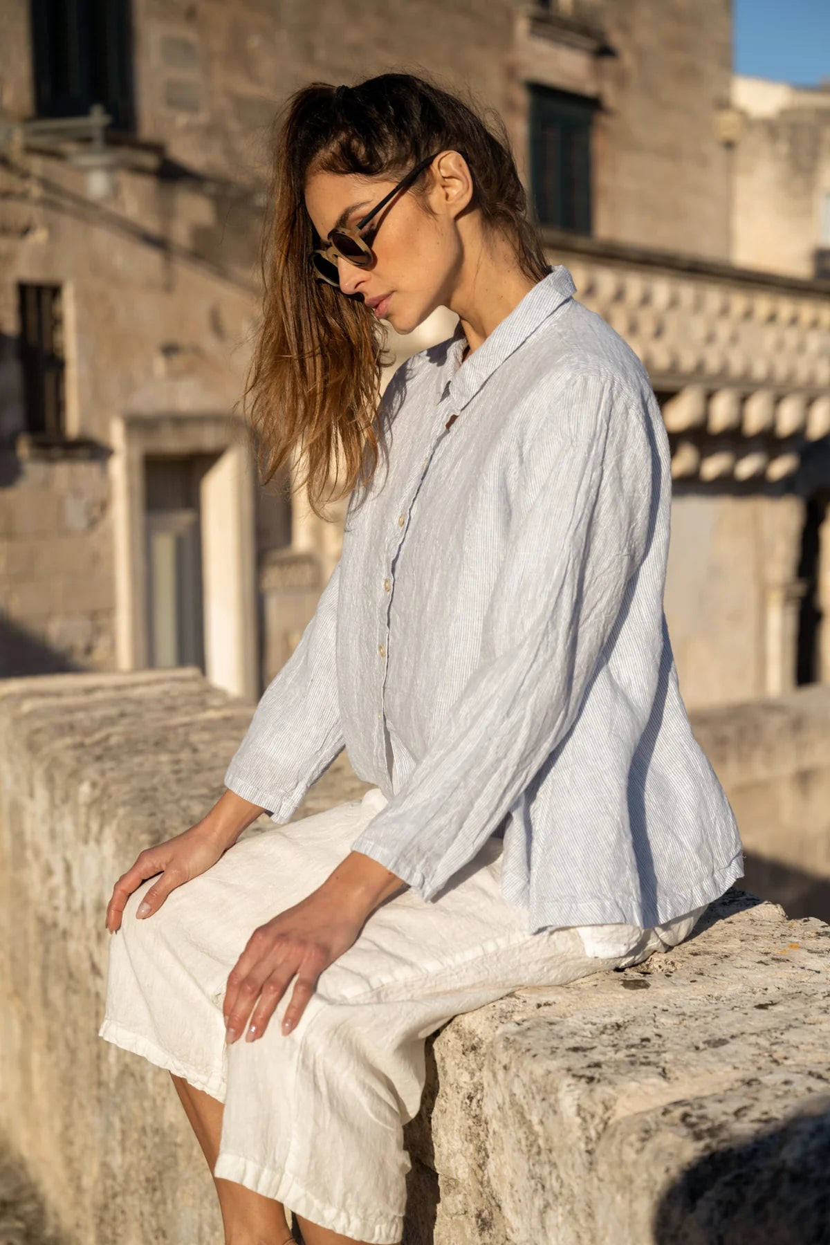 CHIARA linen SHIRT - Blue Pin Stripe