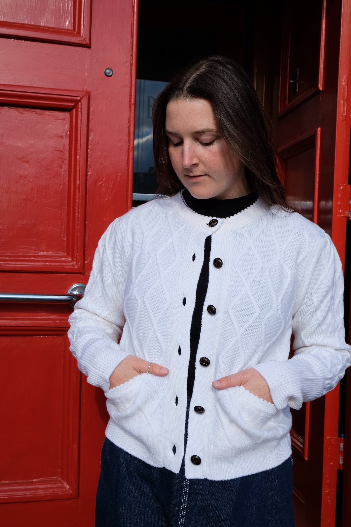 HEART CABLE CARDI - Panna